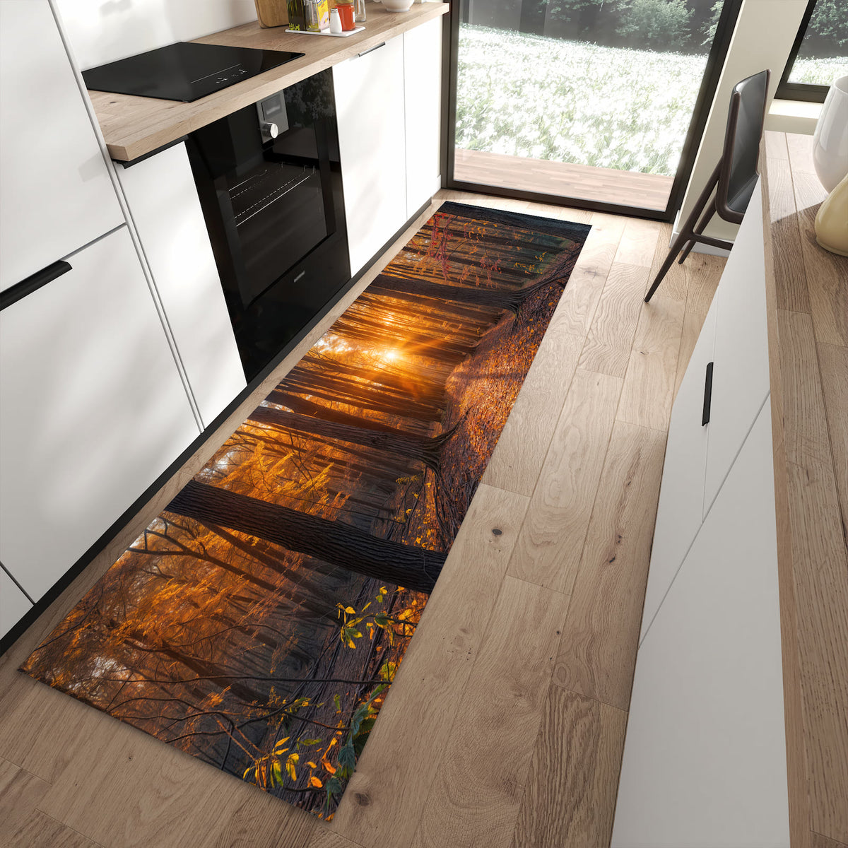 Pflegeleichter Läufer für die Küche mit Motiv Sonnenuntergang Wald in moderner Küche