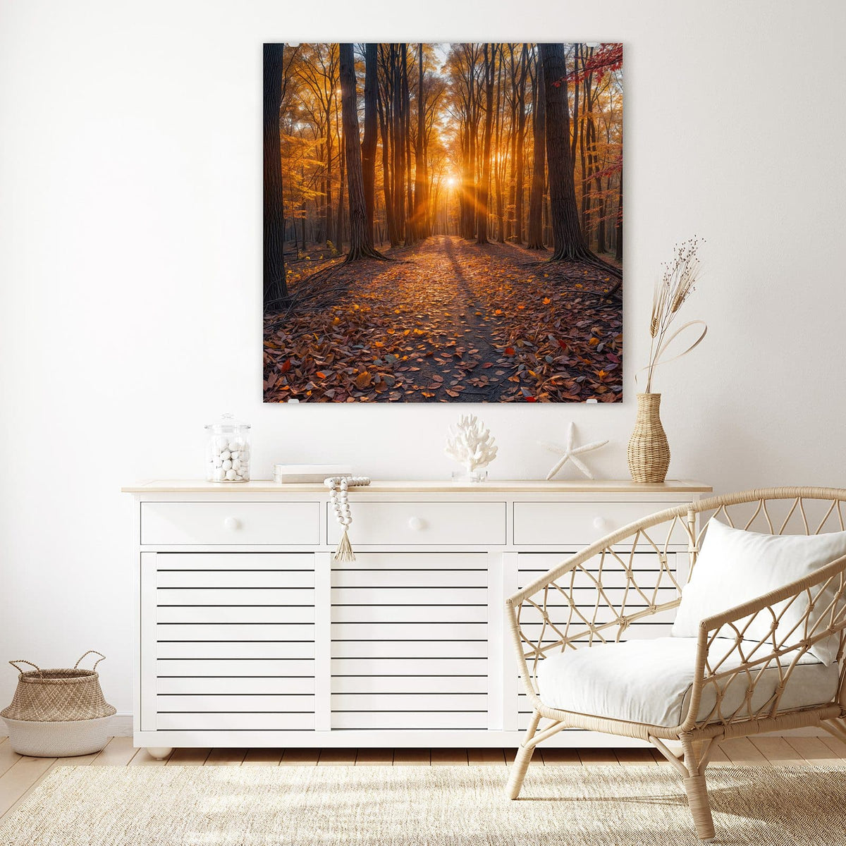Glasbild Sonne im Herbstwald an der Wand – Herbstwaldweg voller Laub, tiefstehende Sonne mit Strahlenkranz zwischen den Stämmen