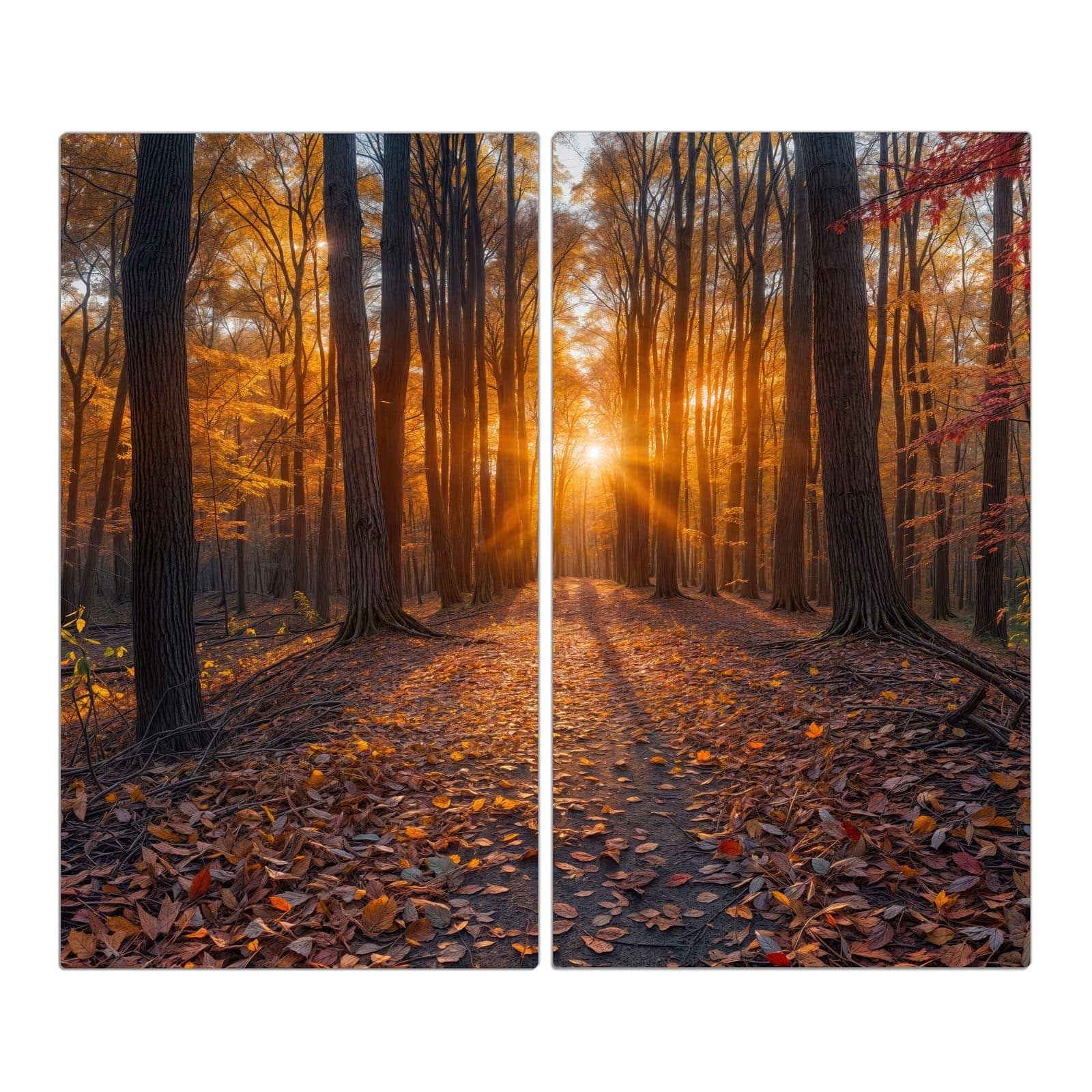 2-teilige Herdabdeckplatte aus Glas mit Sonnenuntergang Wald-Motiv in der Frontansicht