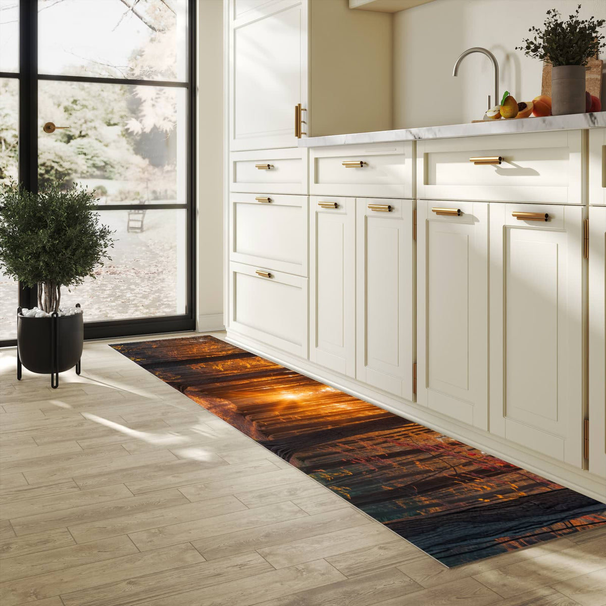 Bodenschonender Küchenteppich mit Motiv Sonnenuntergang Wald in heller Küche