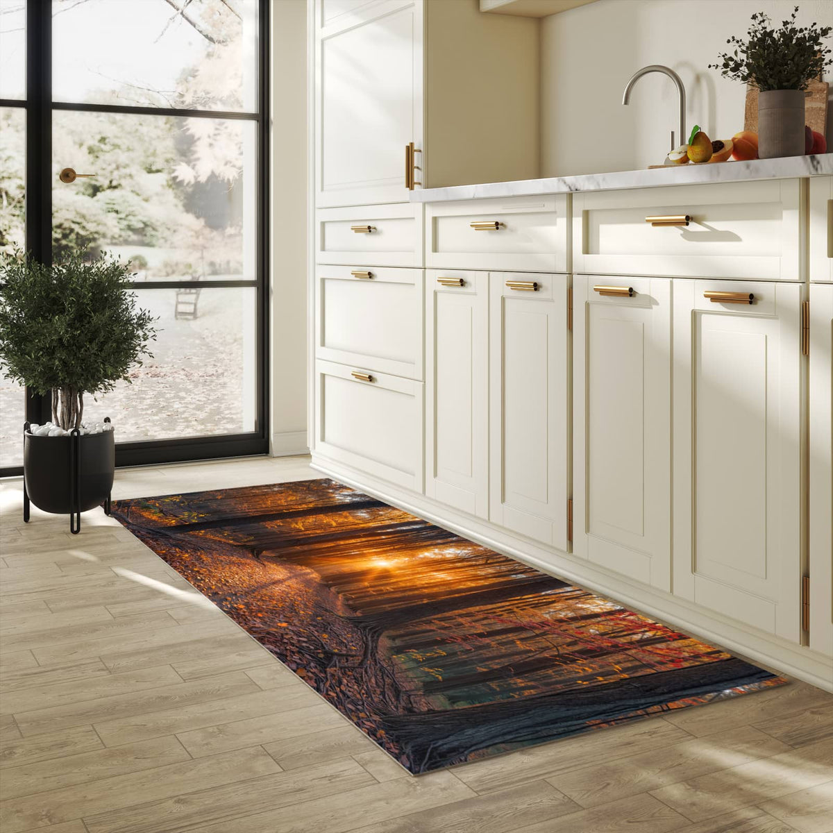 UV-beständiger Küchenvorleger mit Motiv Sonnenuntergang Wald in heller Küche