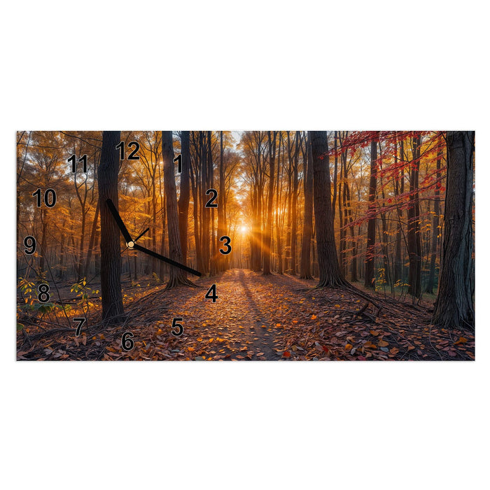 Wanduhr Sonnenuntergang Wald aus Glas – Querformat 60 × 30 cm mit Ziffernblatt Modern