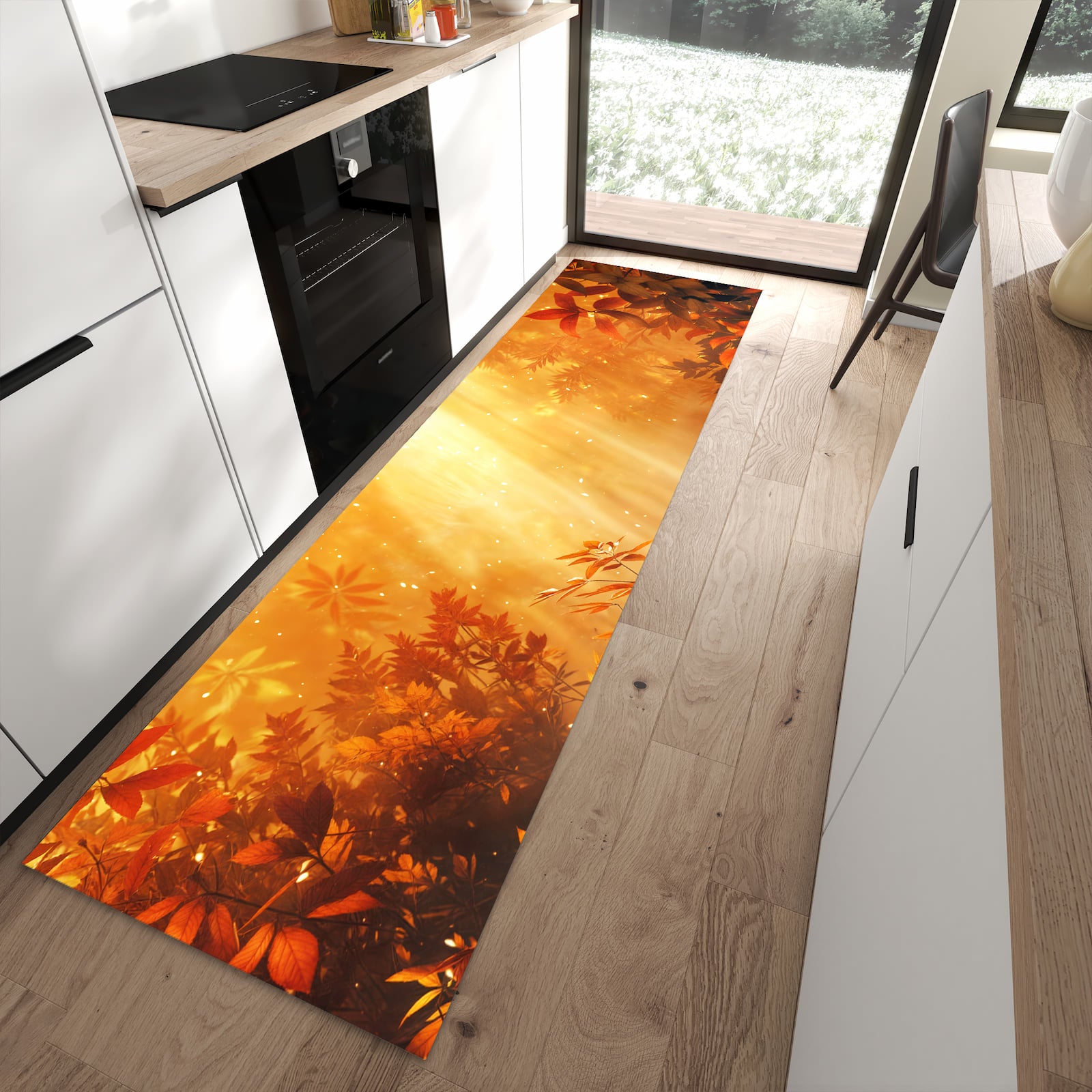 Formstabiler Küchenläufer nach Maß mit Motiv Herbstlicher Wald in moderner Küche