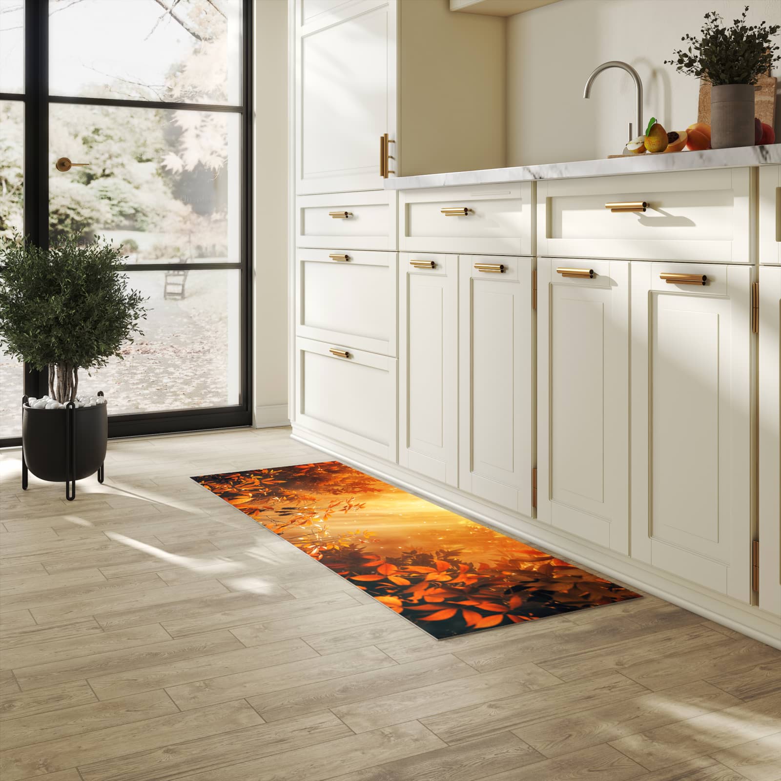 Geruchsneutraler rutschfester Küchenläufer mit Motiv Herbstlicher Wald in heller Küche