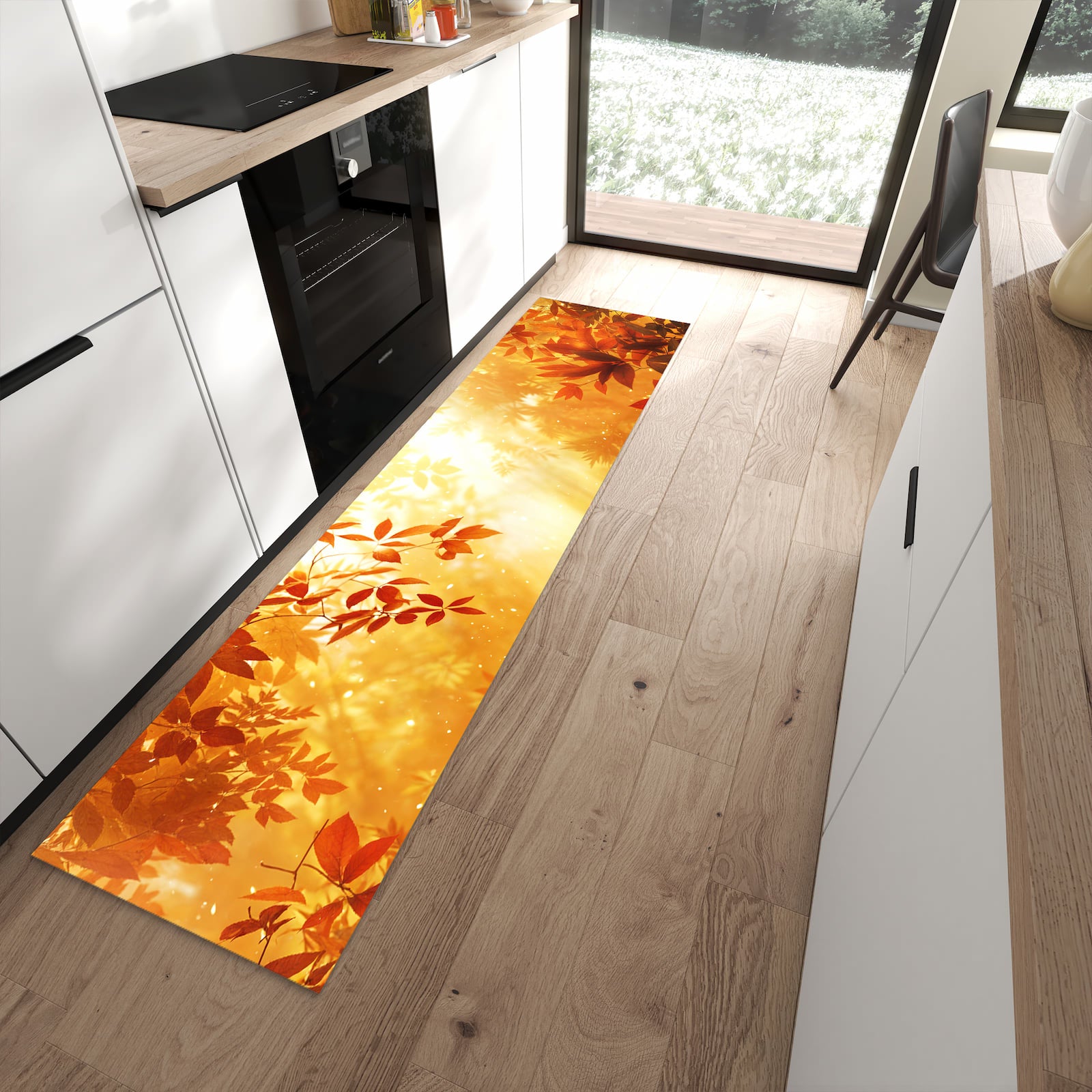 Rutschfester Küchenläufer mit Motiv Herbstlicher Wald in moderner Küche
