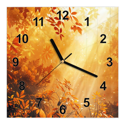 Wanduhr Quadratisch mit dem Motiv Herbstwald im Gegenlicht