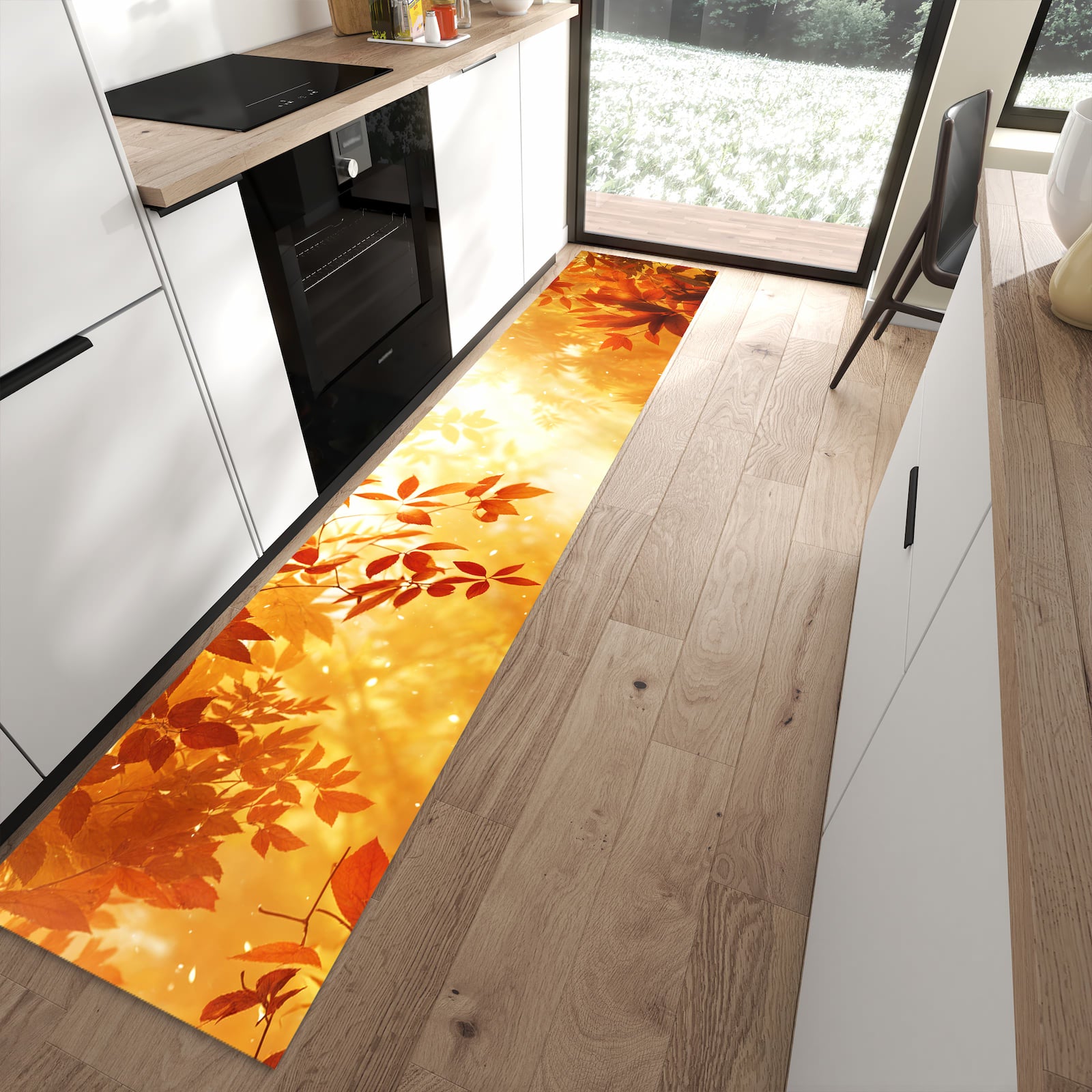 Bodenschonender rutschfester Küchenläufer mit Motiv Herbstlicher Wald in moderner Küche