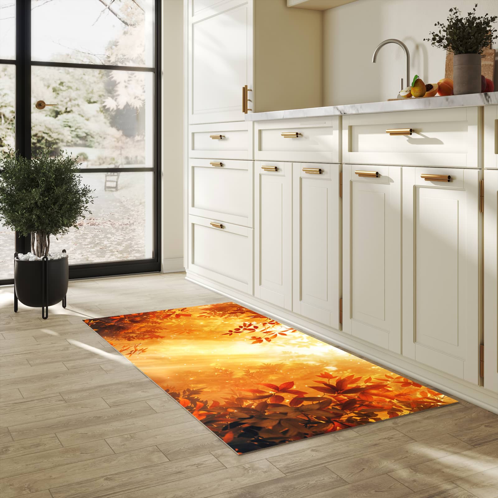 Strapazierfähiger abwaschbarer Küchenläufer mit Motiv Herbstlicher Wald in heller Küche