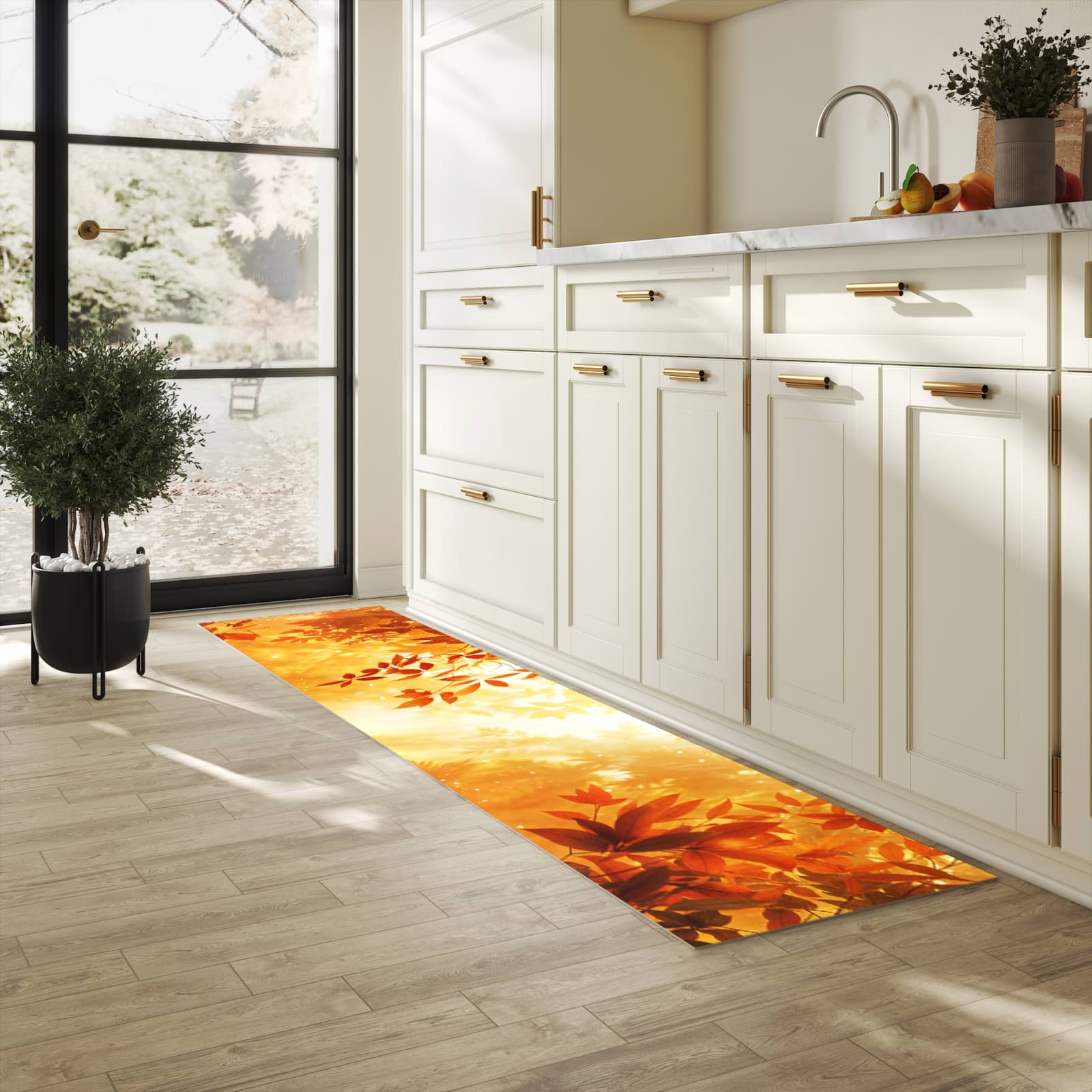 Flacher rutschfester Küchenläufer mit Motiv Herbstlicher Wald in heller Küche