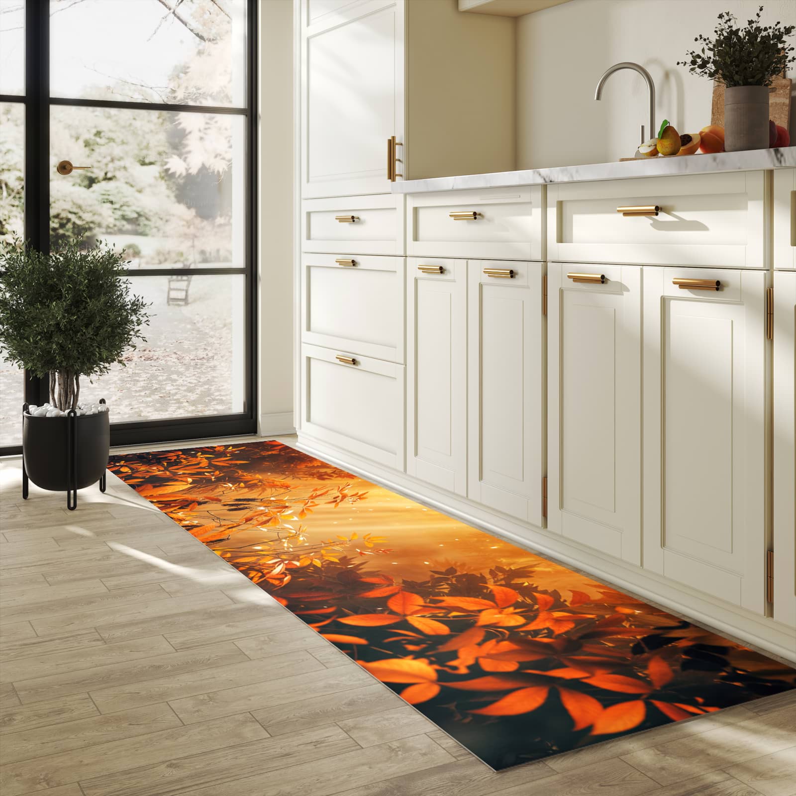 Hygienischer moderner Küchenläufer mit Motiv Herbstlicher Wald in heller Küche