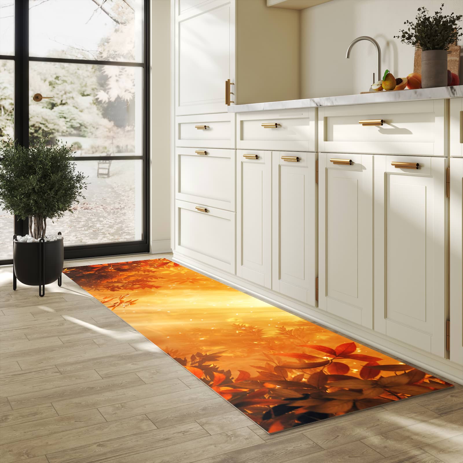 Waschbarer Küchenläufer mit Motiv Herbstlicher Wald in heller Küche für angenehme Haptik