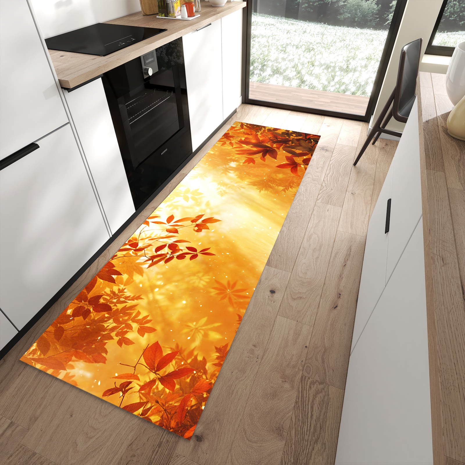 Farbbeständiger Küchenläufer mit Motiv Herbstlicher Wald in moderner Küche