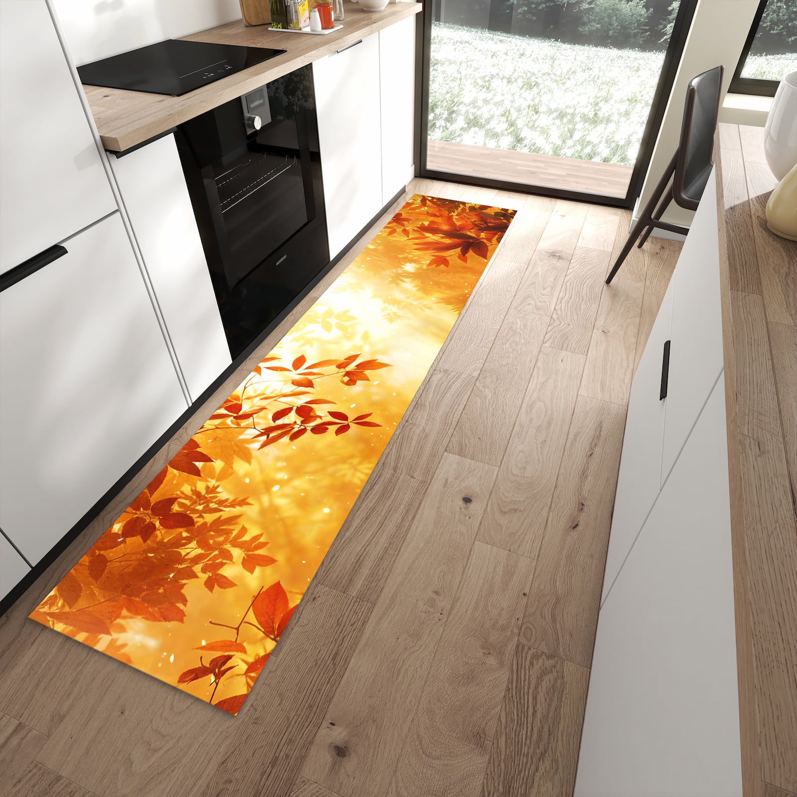 Feuchtigkeitsresistenter rutschfester Küchenläufer mit Motiv Herbstlicher Wald in moderner Küche