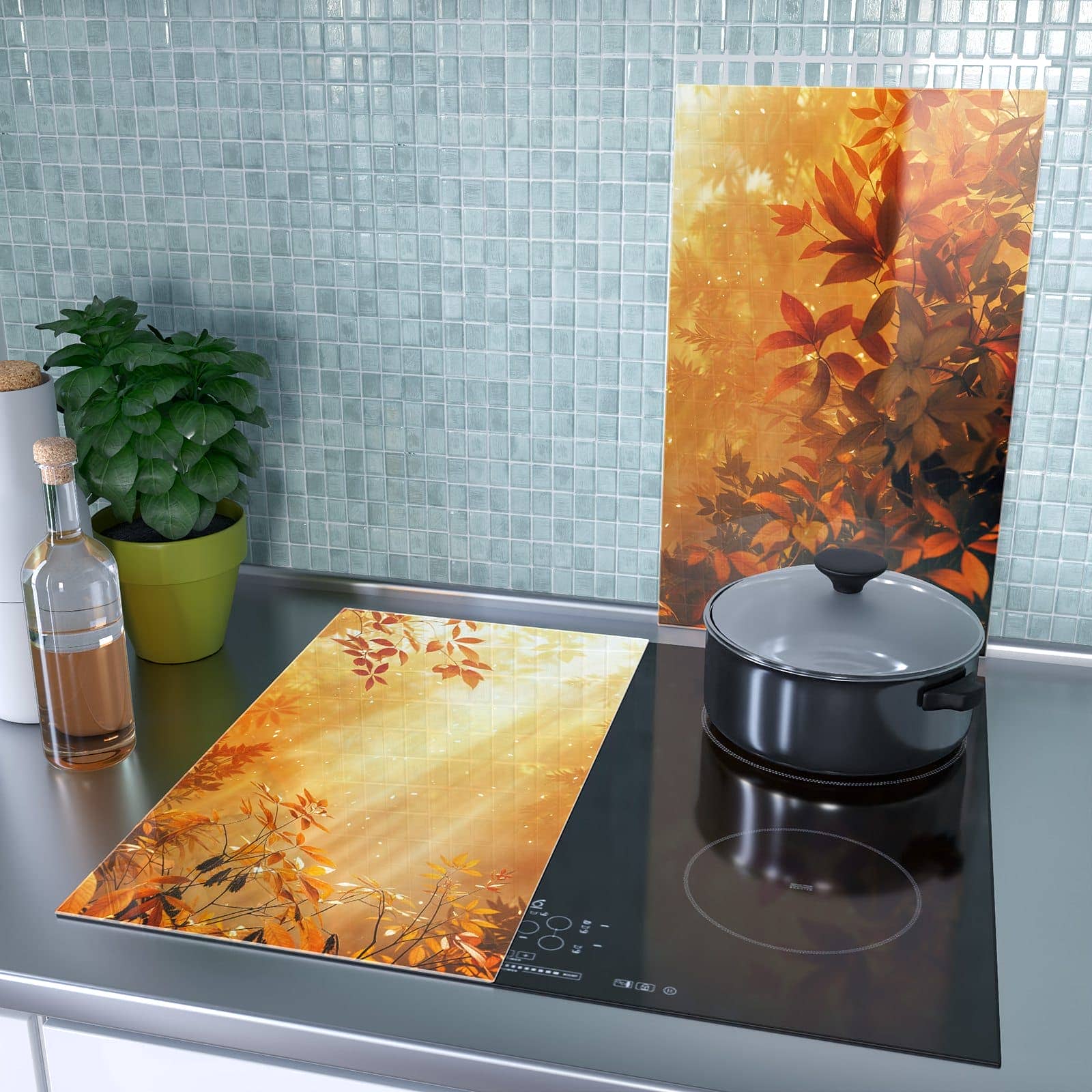 2-teilige Herdabdeckplatten für Ceranfeld mit Herbstlicher Wald-Motiv als Spritzschutz hinter dem Kochfeld