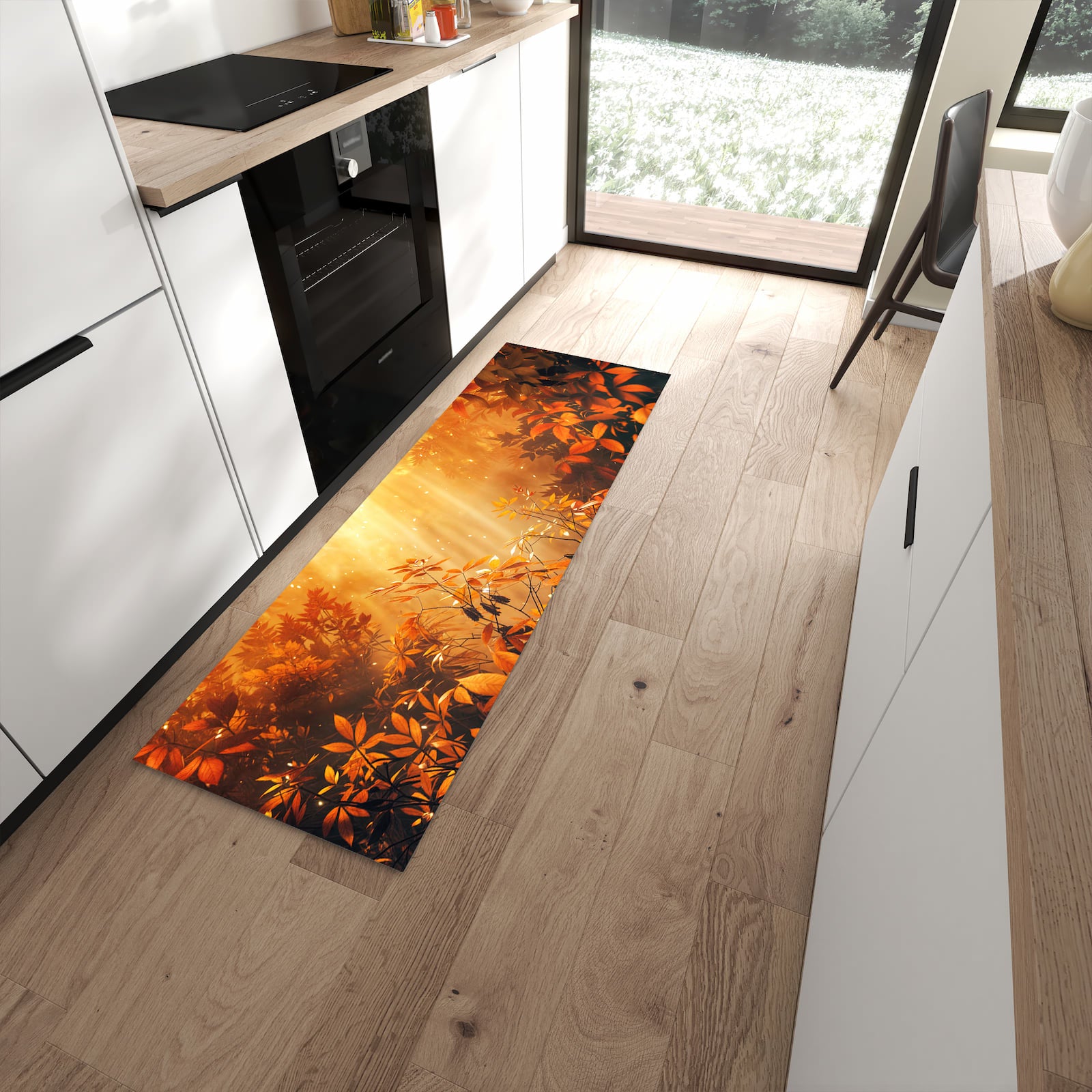 Langlebiger Küchenläufer mit Motiv Herbstlicher Wald in moderner Küche
