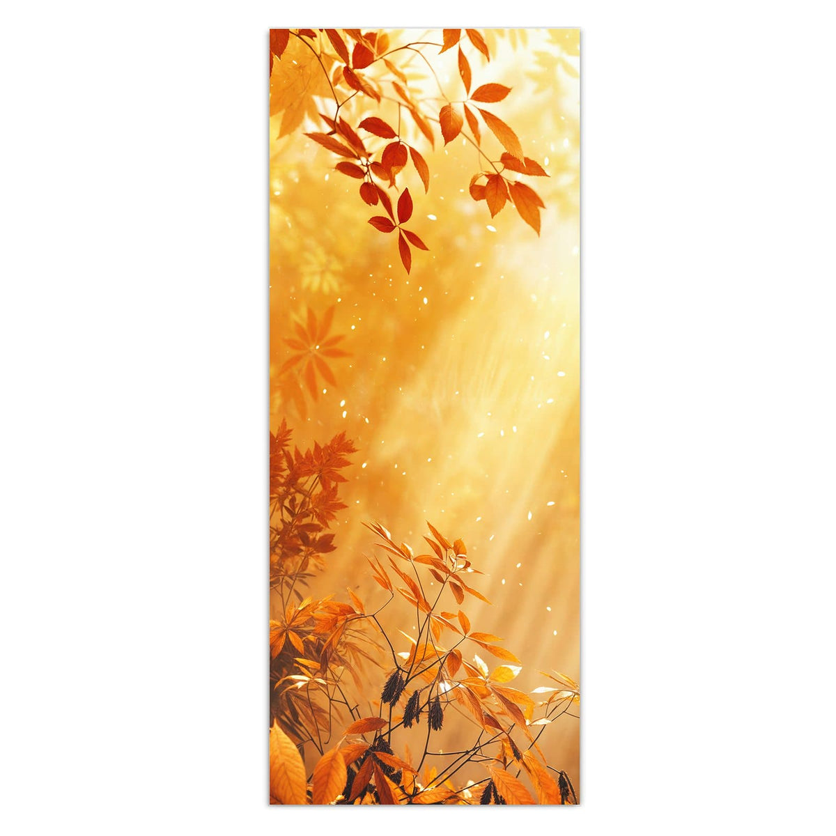 Wandbild - Herbstwald im Gegenlicht - Hochformat – Sonnenstrahlen durch kupferfarbenes Laub
