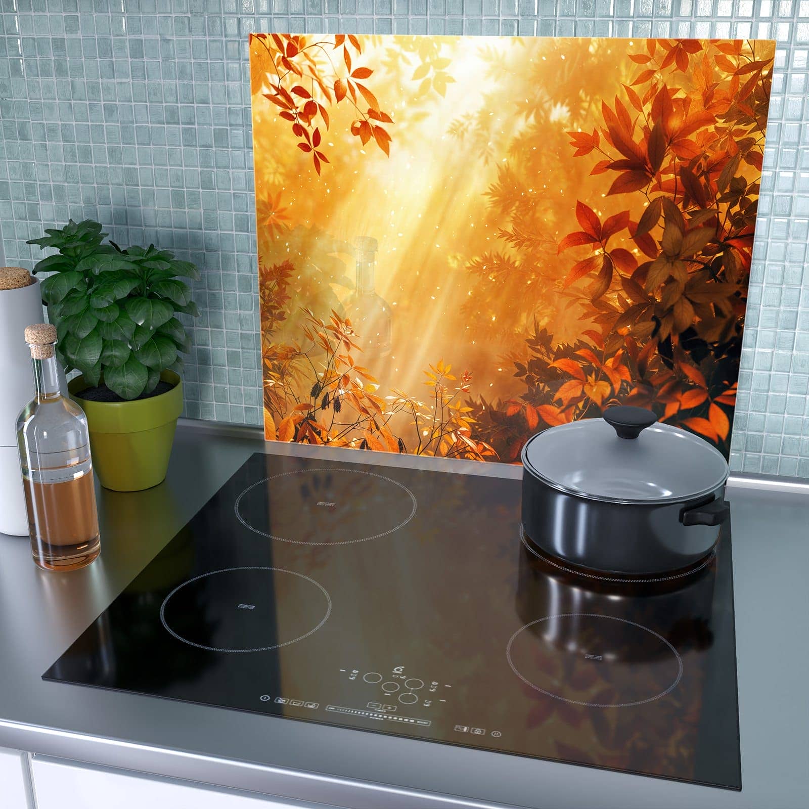 1-teilige Abdeckplatten für Ceranfeld mit Herbstlicher Wald-Motiv als Spritzschutz hinter dem Kochfeld