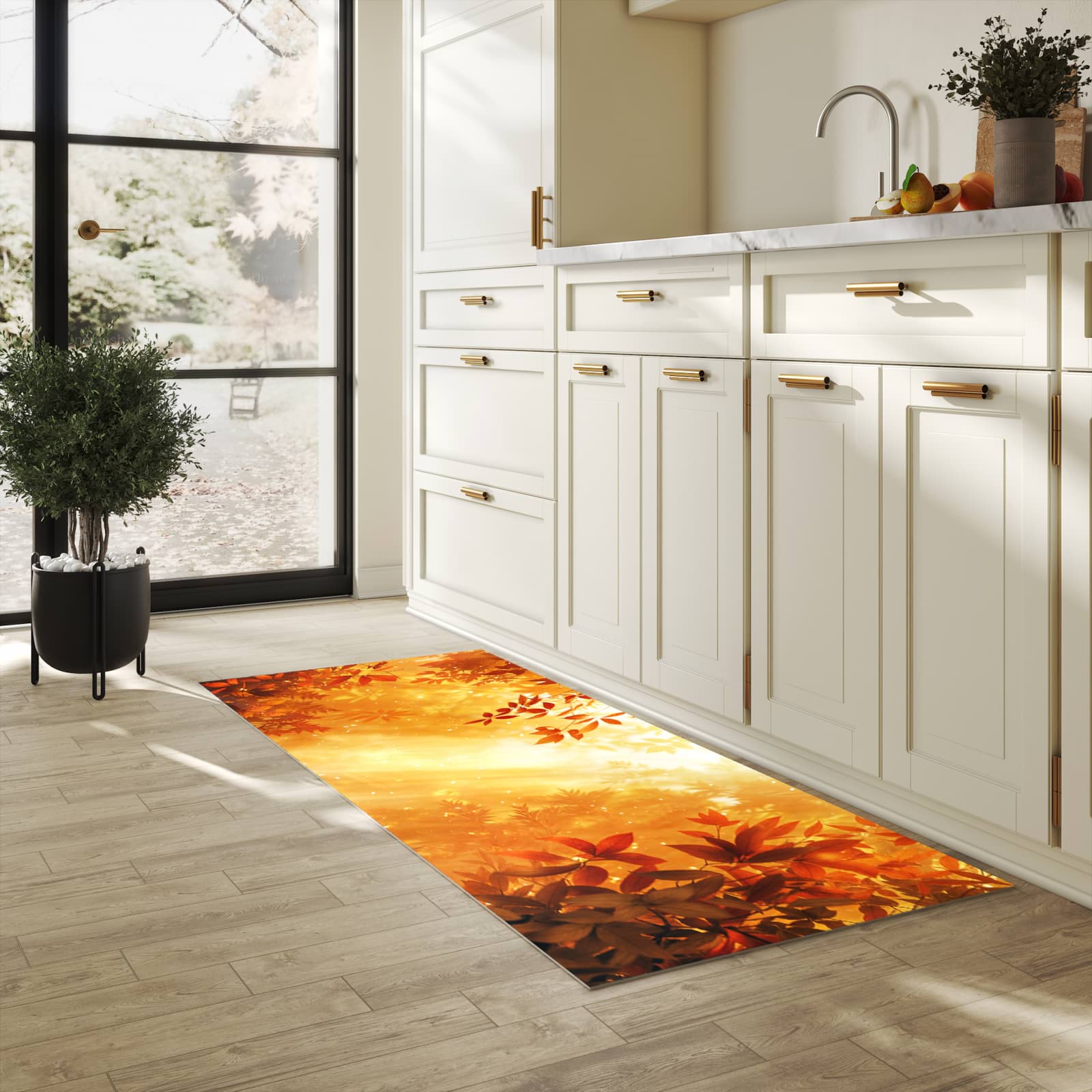 Rutschfester Küchenläufer mit Motiv Herbstlicher Wald in heller Küche