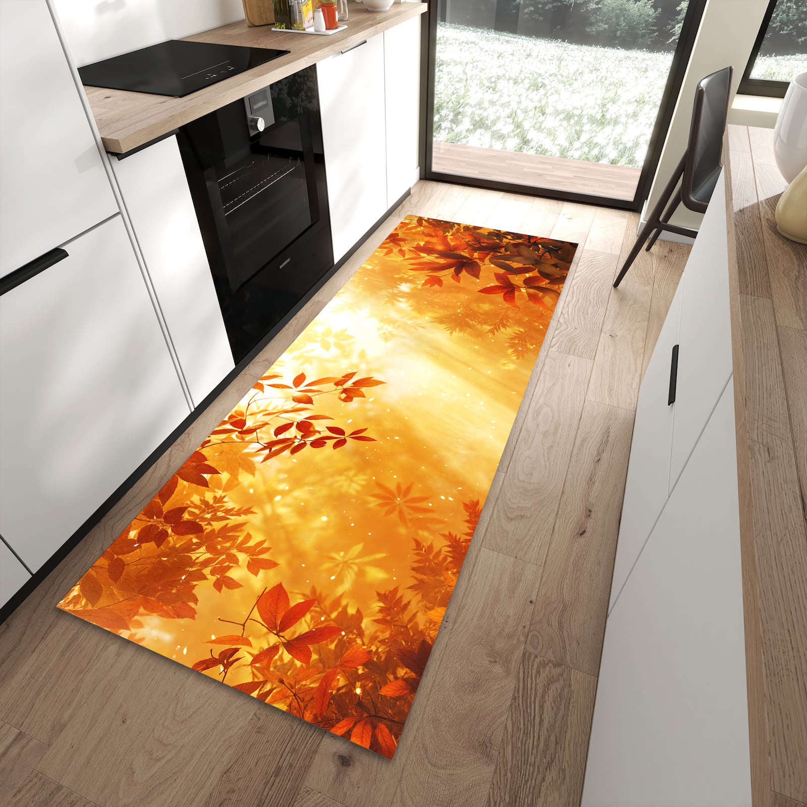 Geräuschdämpfender abwaschbarer Küchenläufer mit Motiv Herbstlicher Wald in moderner Küche