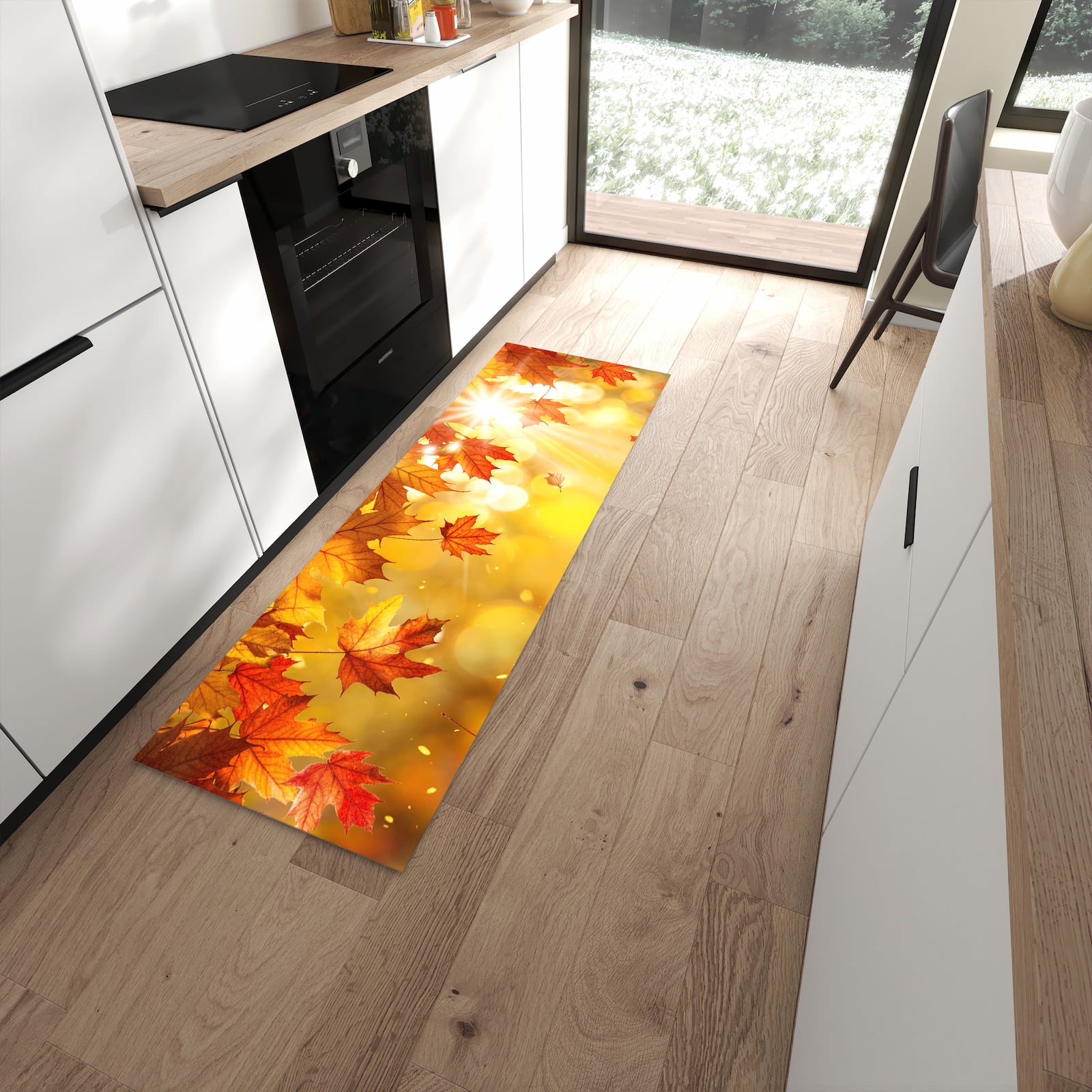 Fleckenresistenter Bodenläufer mit Motiv Herbstblätter Sonne in moderner Küche