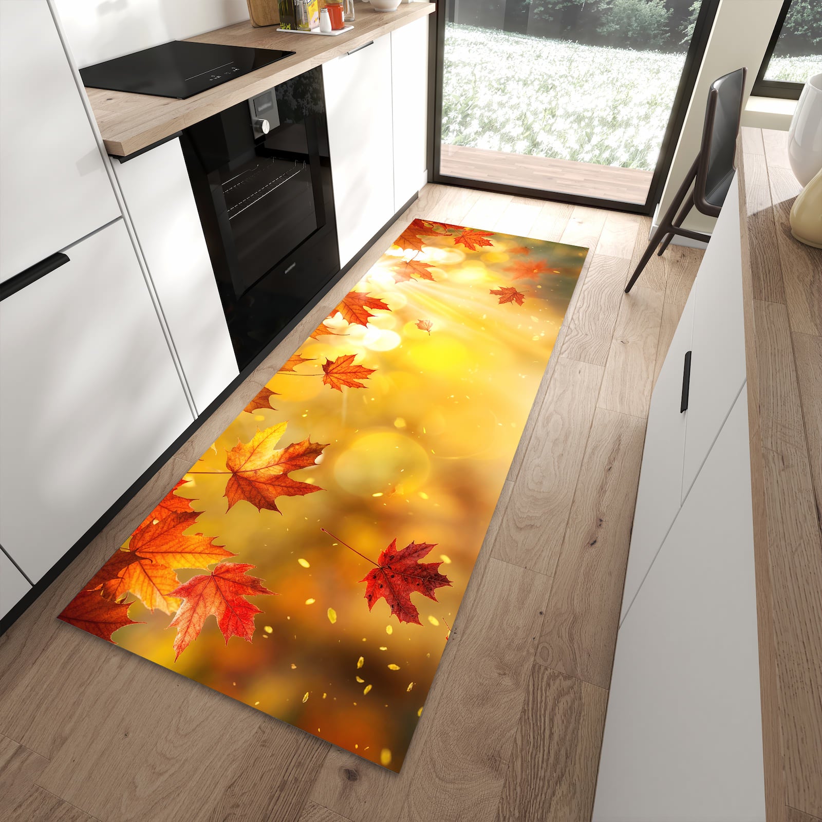 Hygienischer Küchenteppich mit Motiv Herbstblätter Sonne in moderner Küche - waschbar