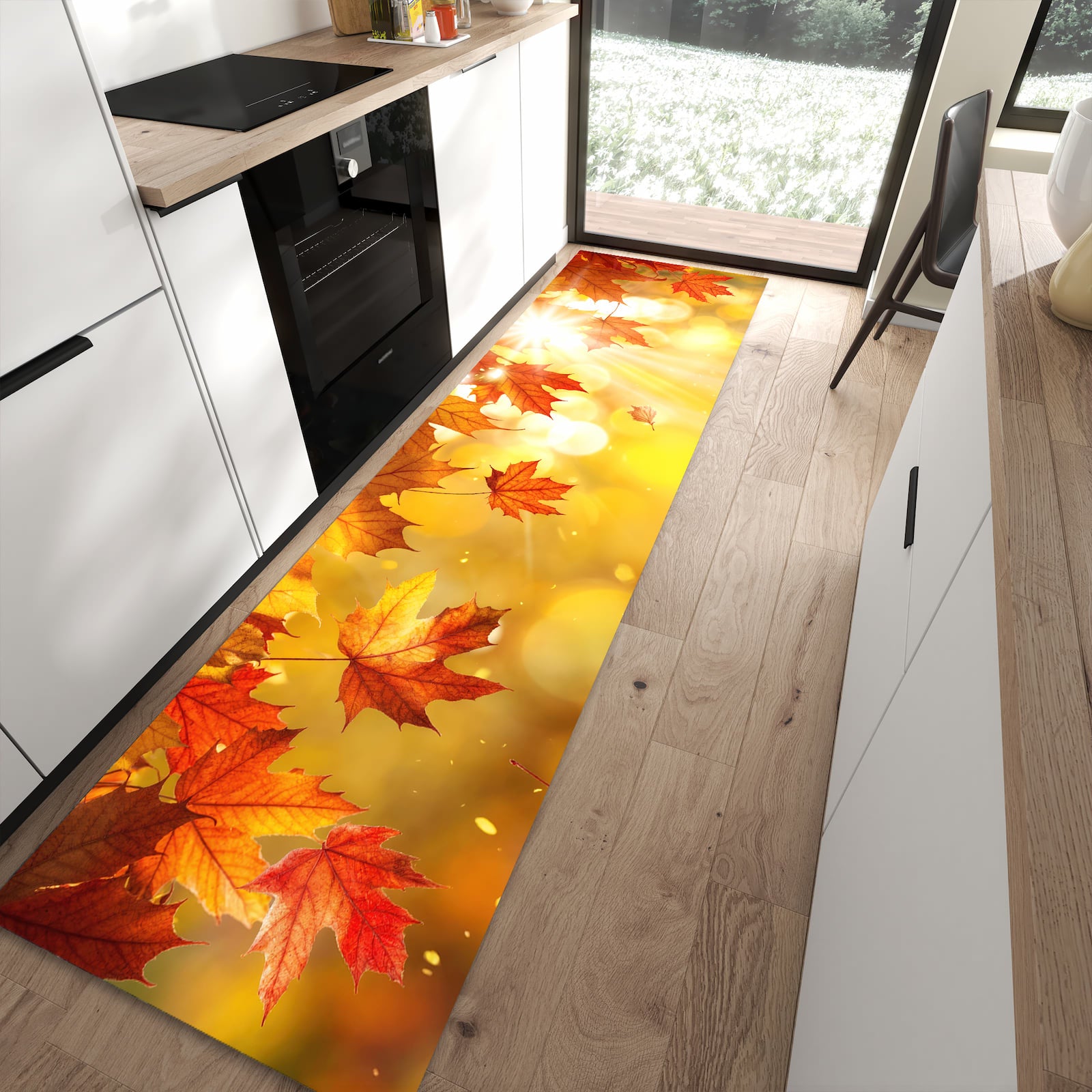 Pflegeleichter großer Küchenteppich mit Motiv Herbstblätter Sonne in moderner Küche