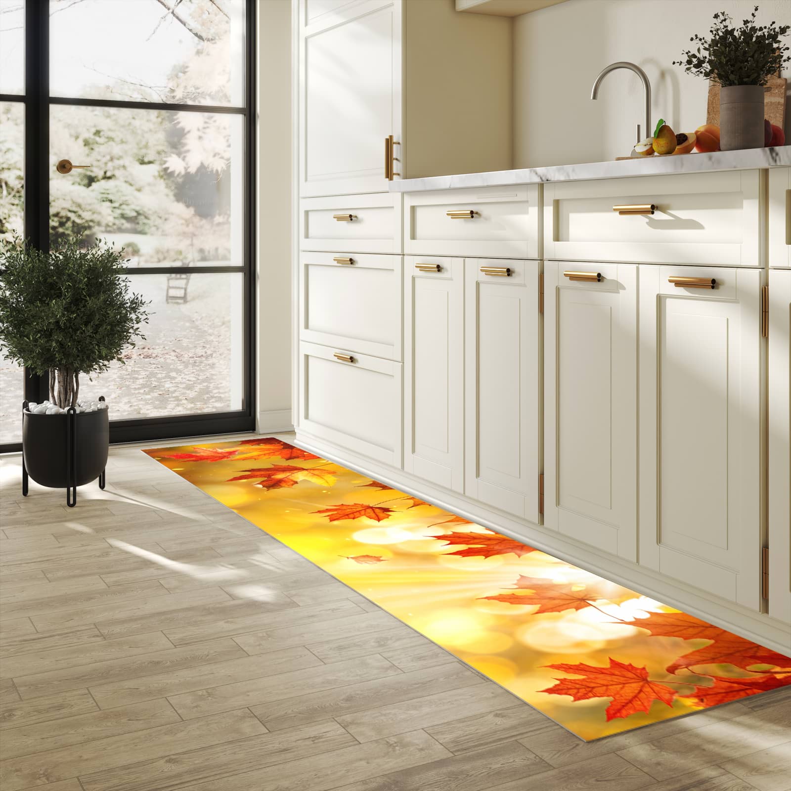 Formstabiler rutschfester Küchenteppich mit Motiv Herbstblätter Sonne in heller Küche
