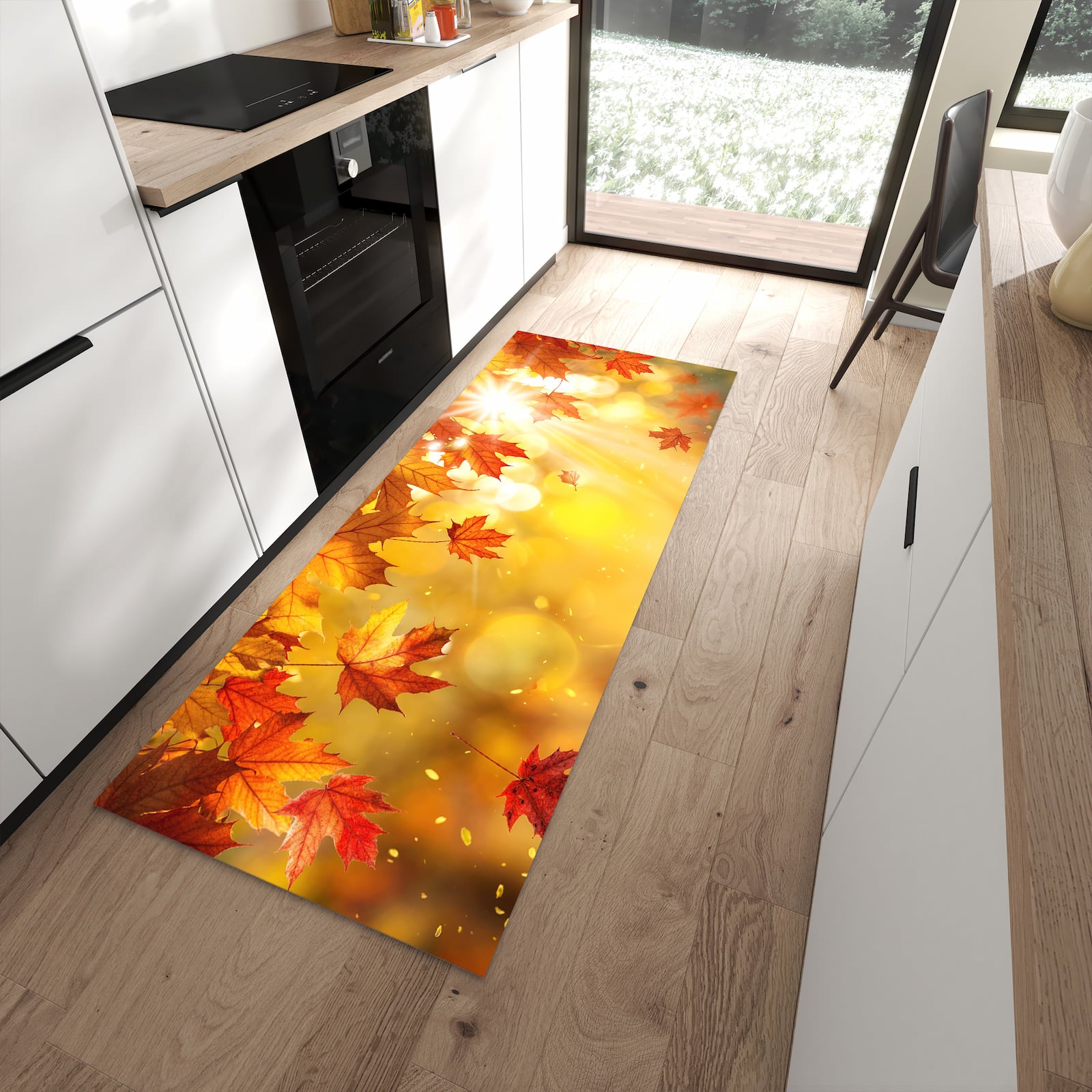 Pflegeleichter Küchenteppich mit Motiv Herbstblätter Sonne in moderner Küche