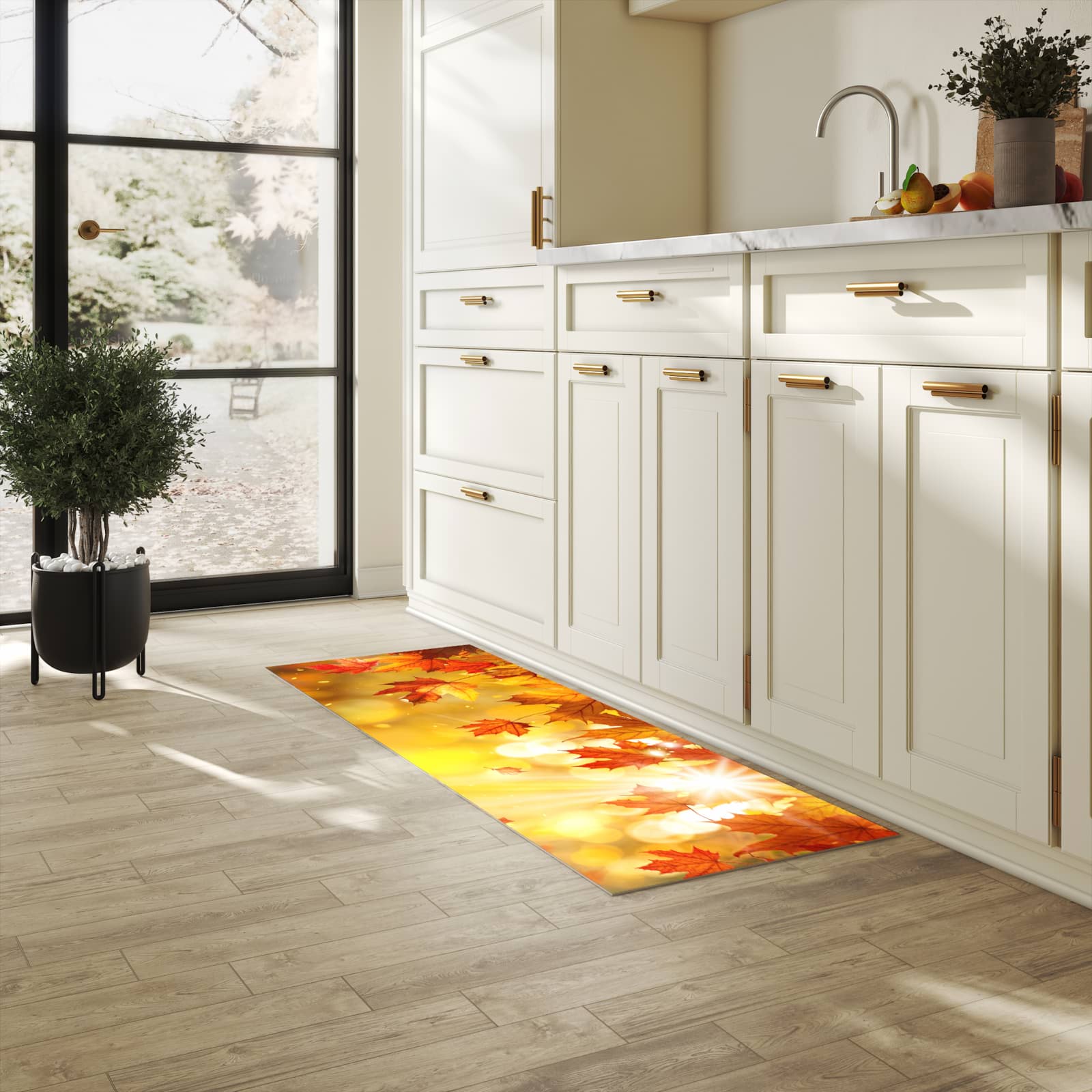 Küchenteppich mit Motiv Herbstblätter Sonne für Ordnung & Übersicht in heller Küche