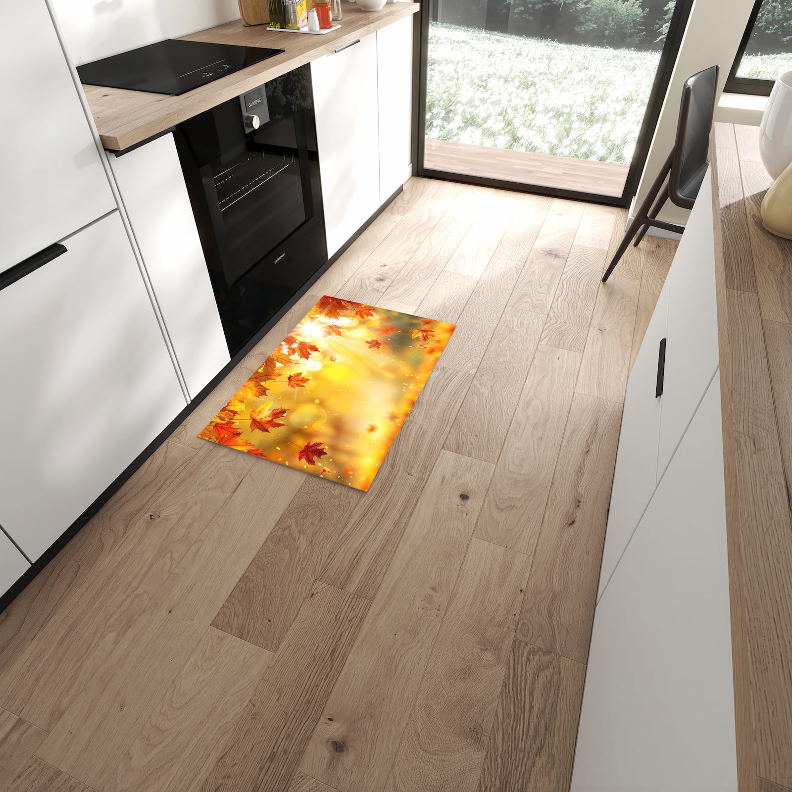 Flacher Küchenteppich mit Motiv Herbstblätter Sonne in moderner Küche für rutschfesten Stand