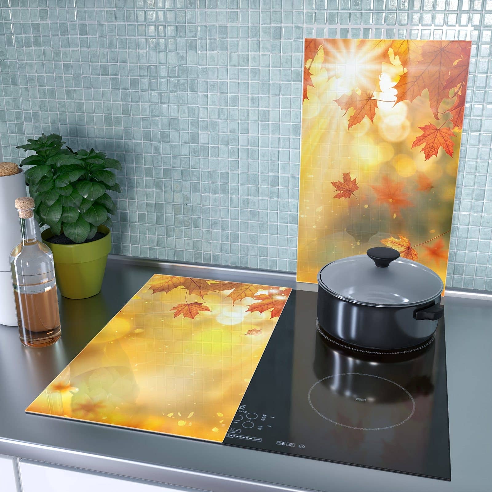 2-teilige Abdeckplatten für den Herd mit Herbstblätter Sonne-Motiv als Spritzschutz hinter dem Kochfeld