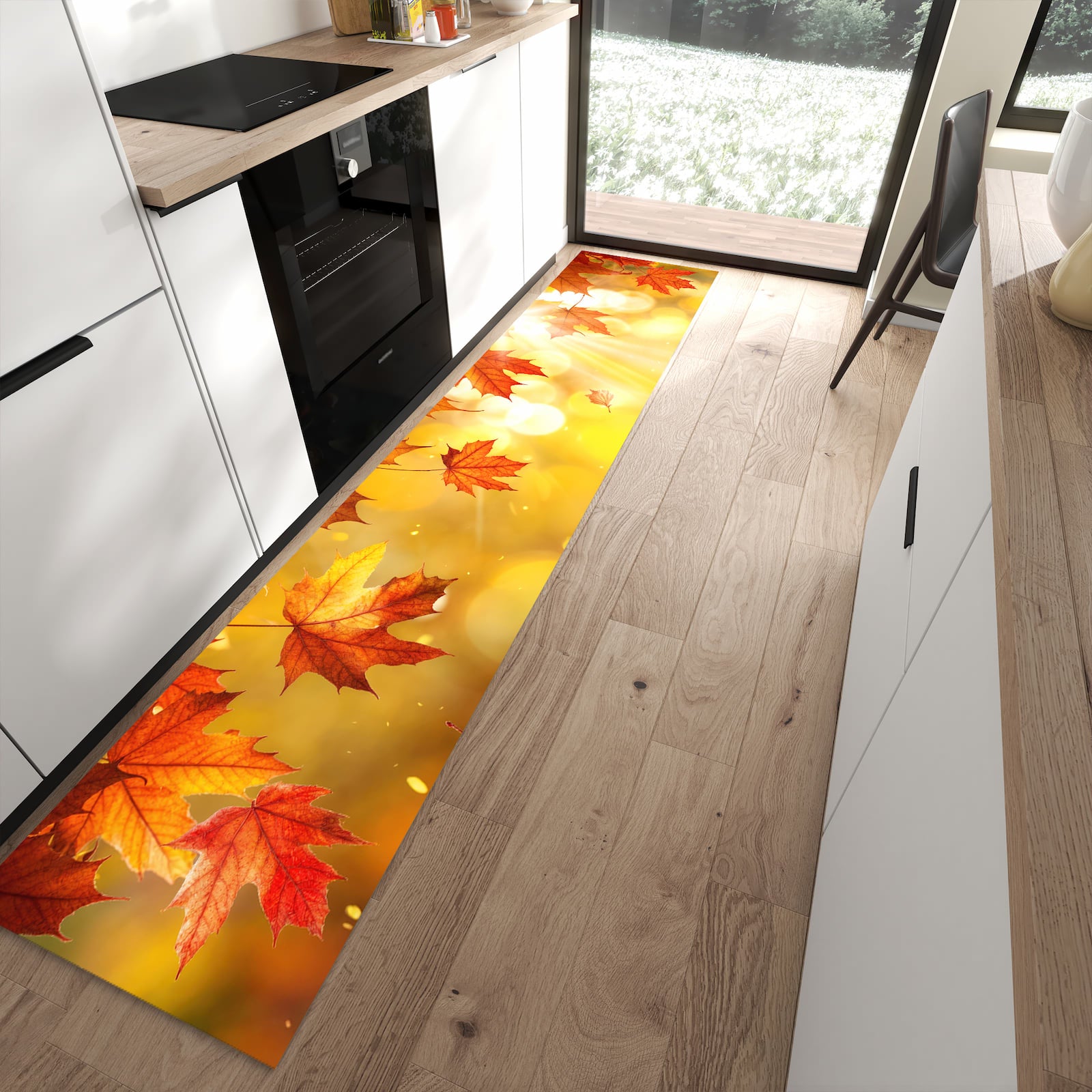 Langlebiger Küchenteppich mit Motiv Herbstblätter Sonne in moderner Küche