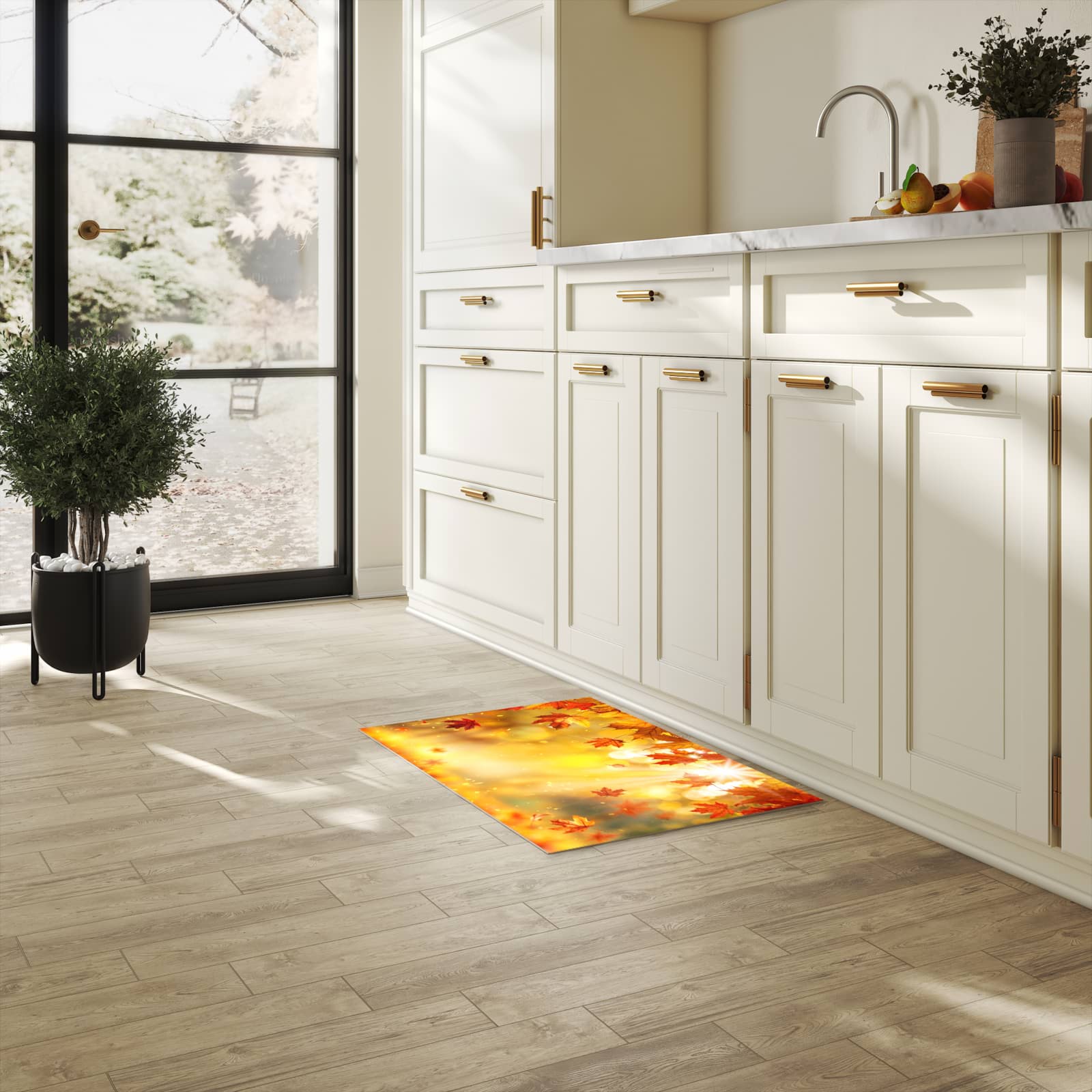 Küchenteppich mit Motiv Herbstblätter Sonne in heller Küche für sicheres Aufbewahren