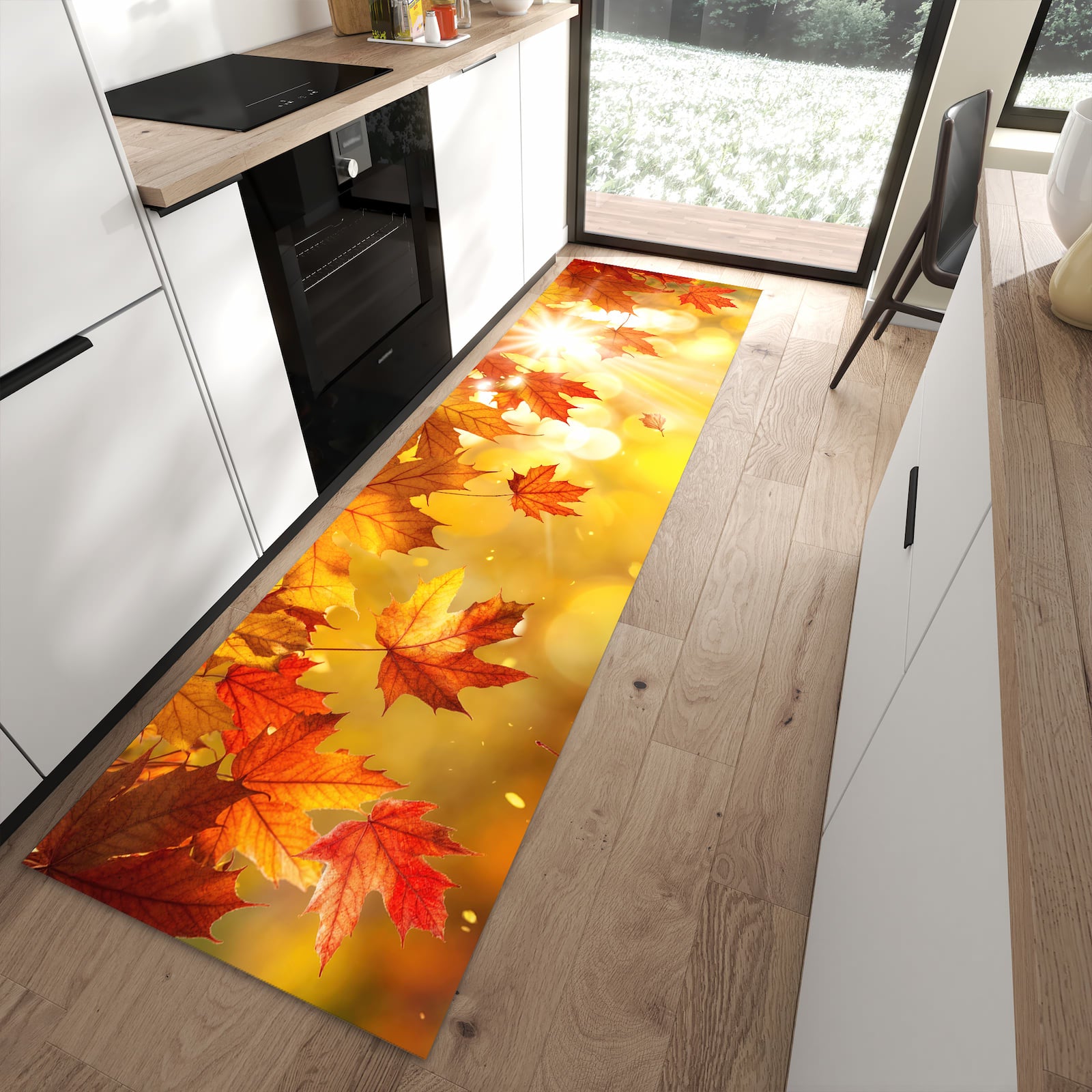 Rutschfester waschbarer Küchenteppich mit Motiv Herbstblätter Sonne in moderner Küche