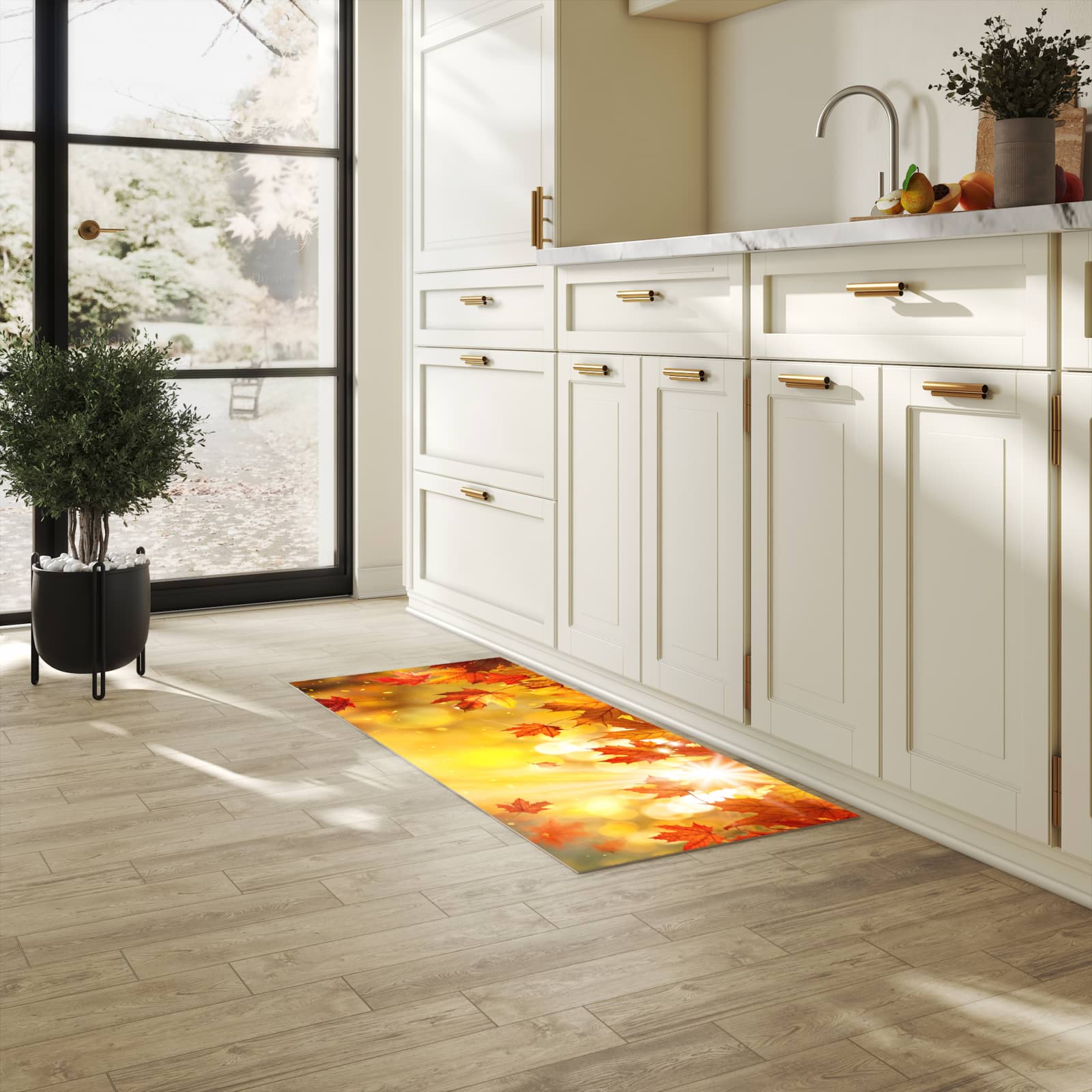 Bodenschonender Bodenläufer-Teppich mit Motiv Herbstblätter Sonne in heller Küche