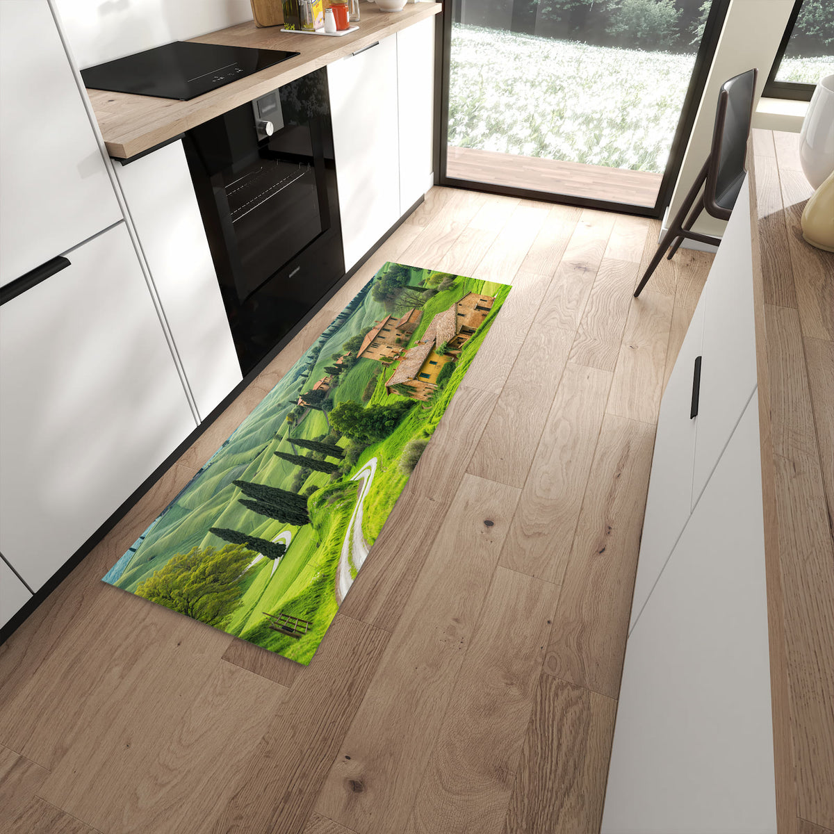 Feuchtigkeitsresistenter Teppichläufer mit Motiv Landschaft Italien in moderner Küche