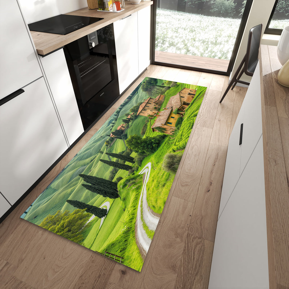 UV-beständiger waschbarer Teppich für Esstisch mit Motiv Landschaft Italien in moderner Küche