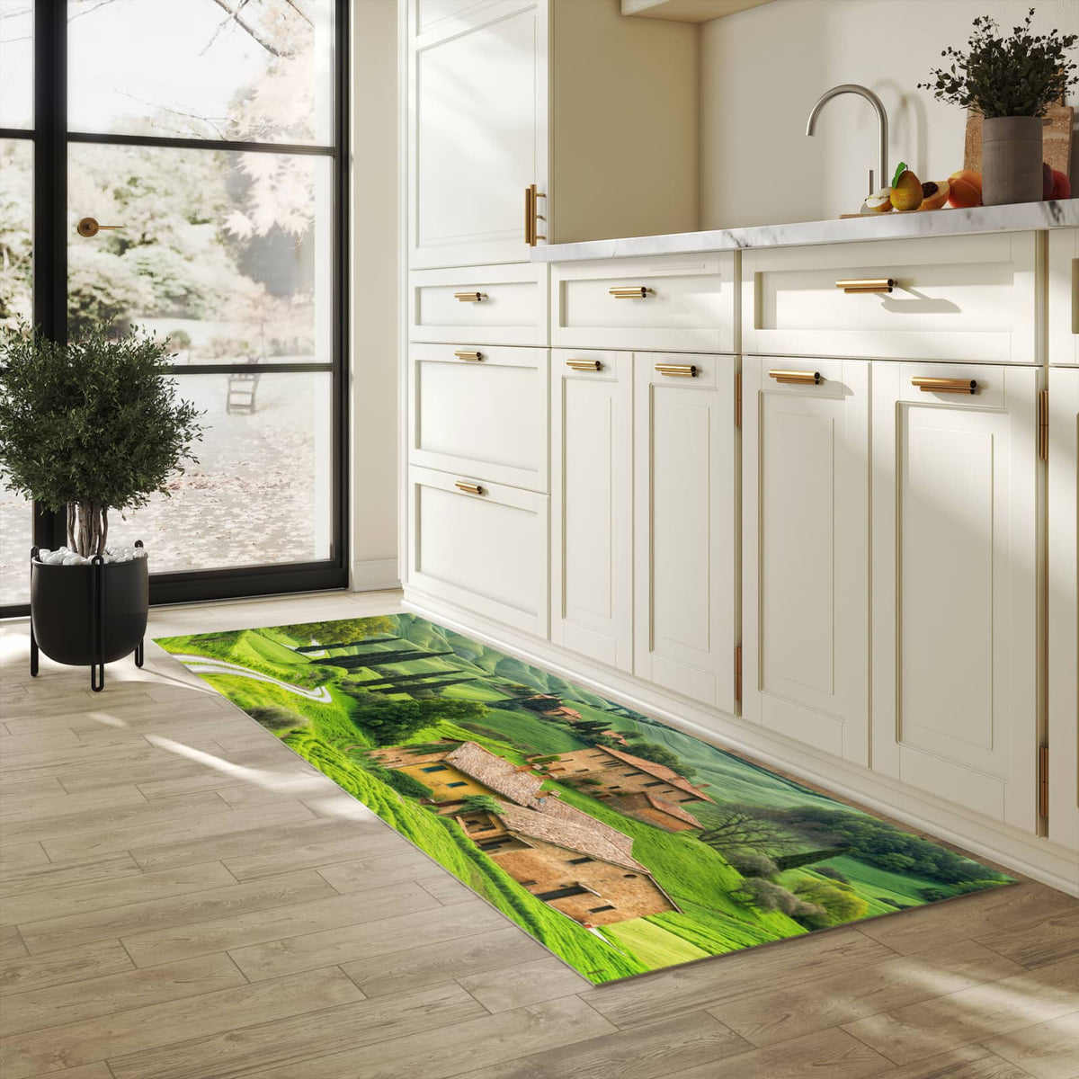 Hygienischer rutschfester Küchenteppich mit Motiv Landschaft Italien in heller Küche