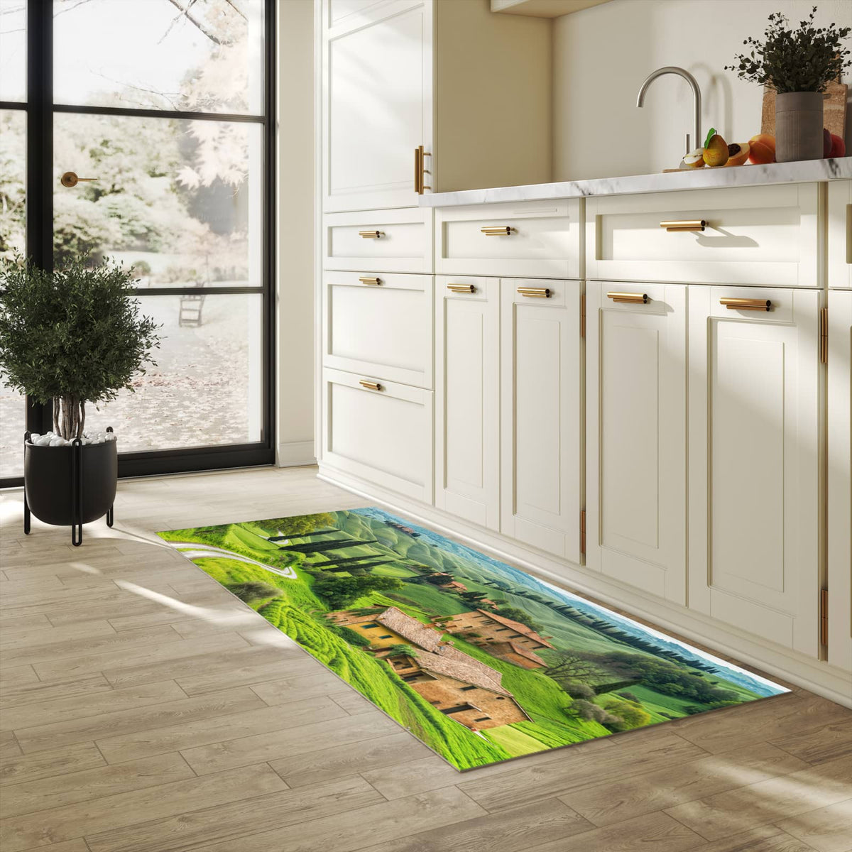 Dünner Küchenteppich mit Motiv Landschaft Italien in heller Küche für angenehme Haptik