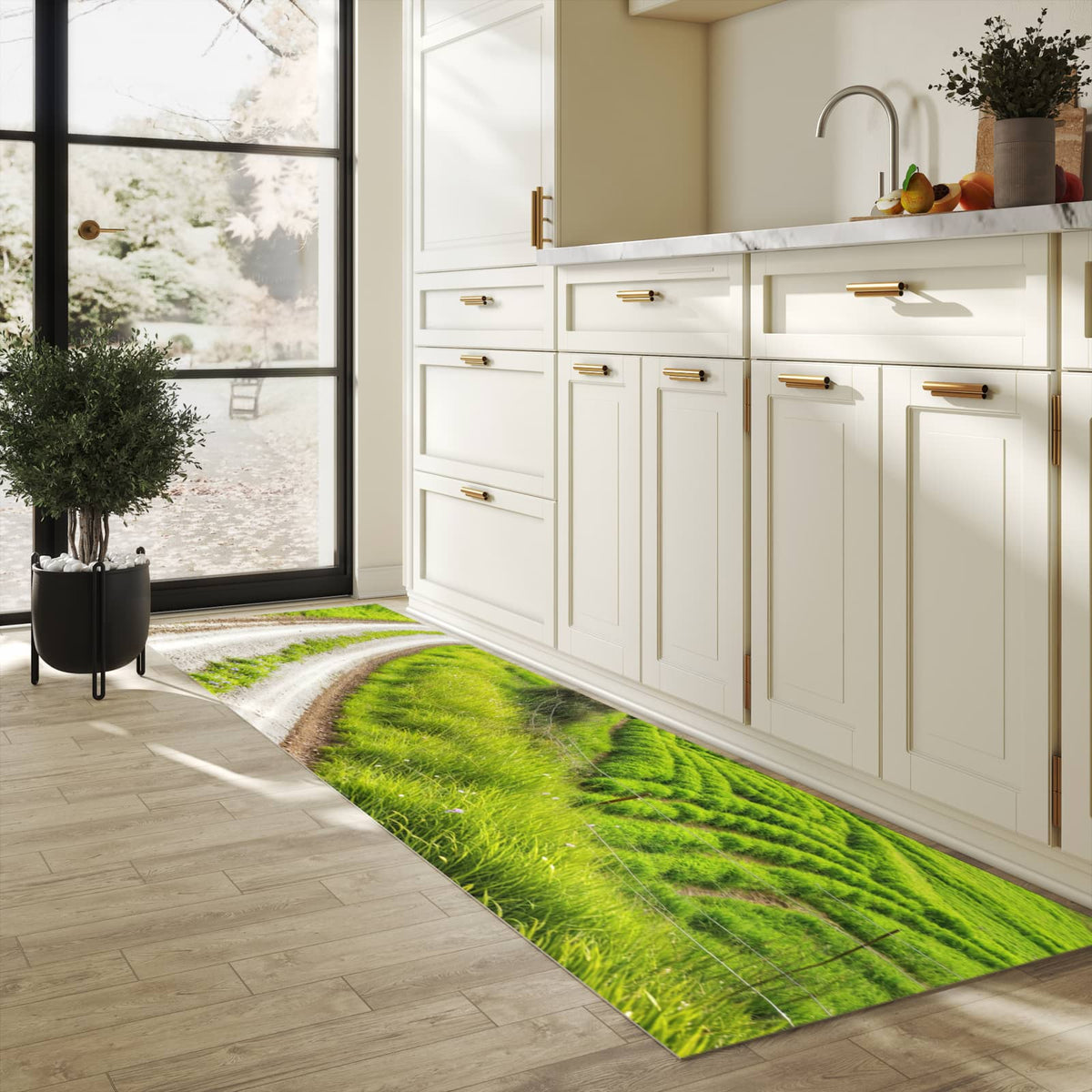 Waschbarer Teppich fürs Esszimmer mit Motiv Landschaft Italien in heller Küche