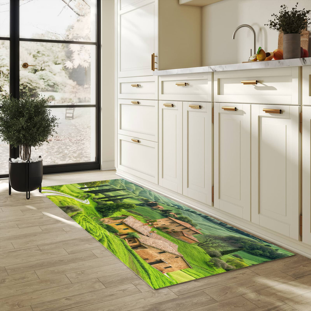 Rutschfester Küchenteppich mit Motiv Landschaft Italien in heller Küche
