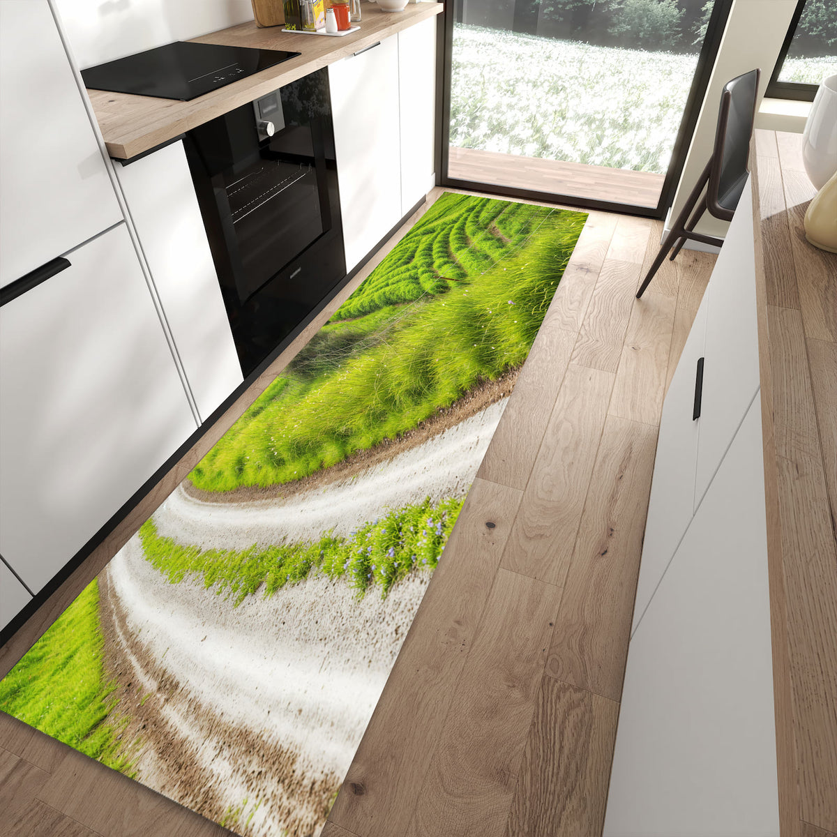 Geräuschdämpfender dünner Küchenteppich mit Motiv Landschaft Italien in moderner Küche