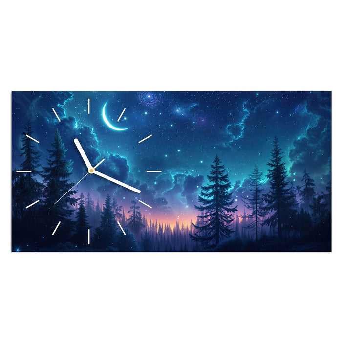 Wanduhr Nachthimmel Wald aus Glas – Querformat 60 × 30 cm mit Ziffernblatt Linie
