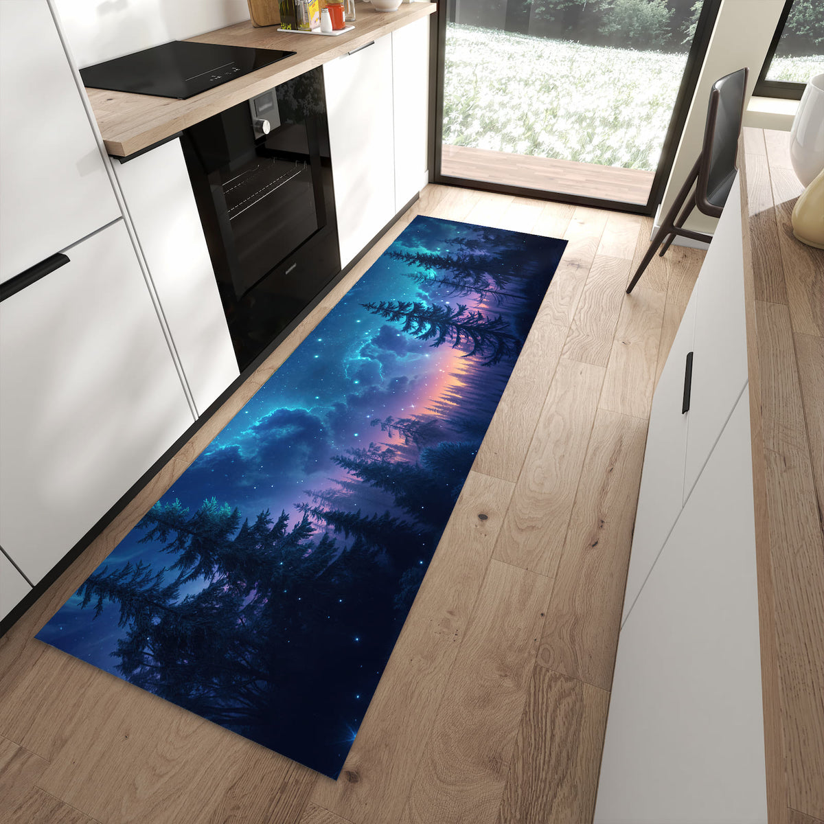 Pflegeleichter Küchenläufer mit Motiv Nachthimmel Wald in moderner Küche