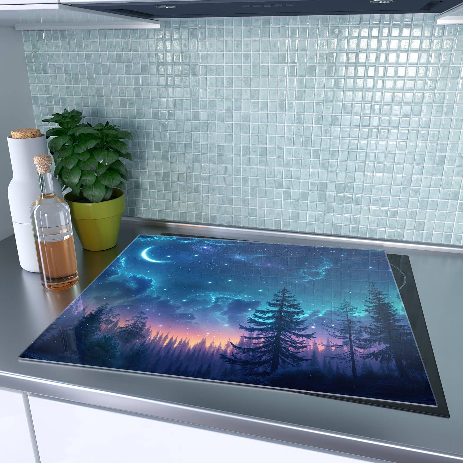 1-teilige Herdabdeckplatte mit Nachthimmel Wald-Motiv auf dem Ceranfeld