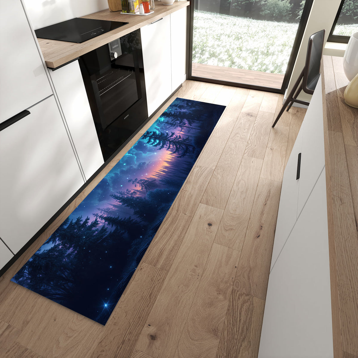Langlebiger Küchenteppich mit Motiv Nachthimmel Wald in moderner Küche