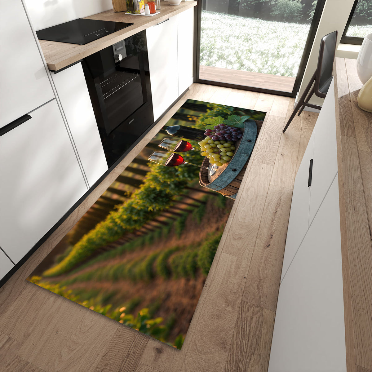 Wasserabweisender Küchenteppich mit Motiv Weinlandschaft in moderner Küche