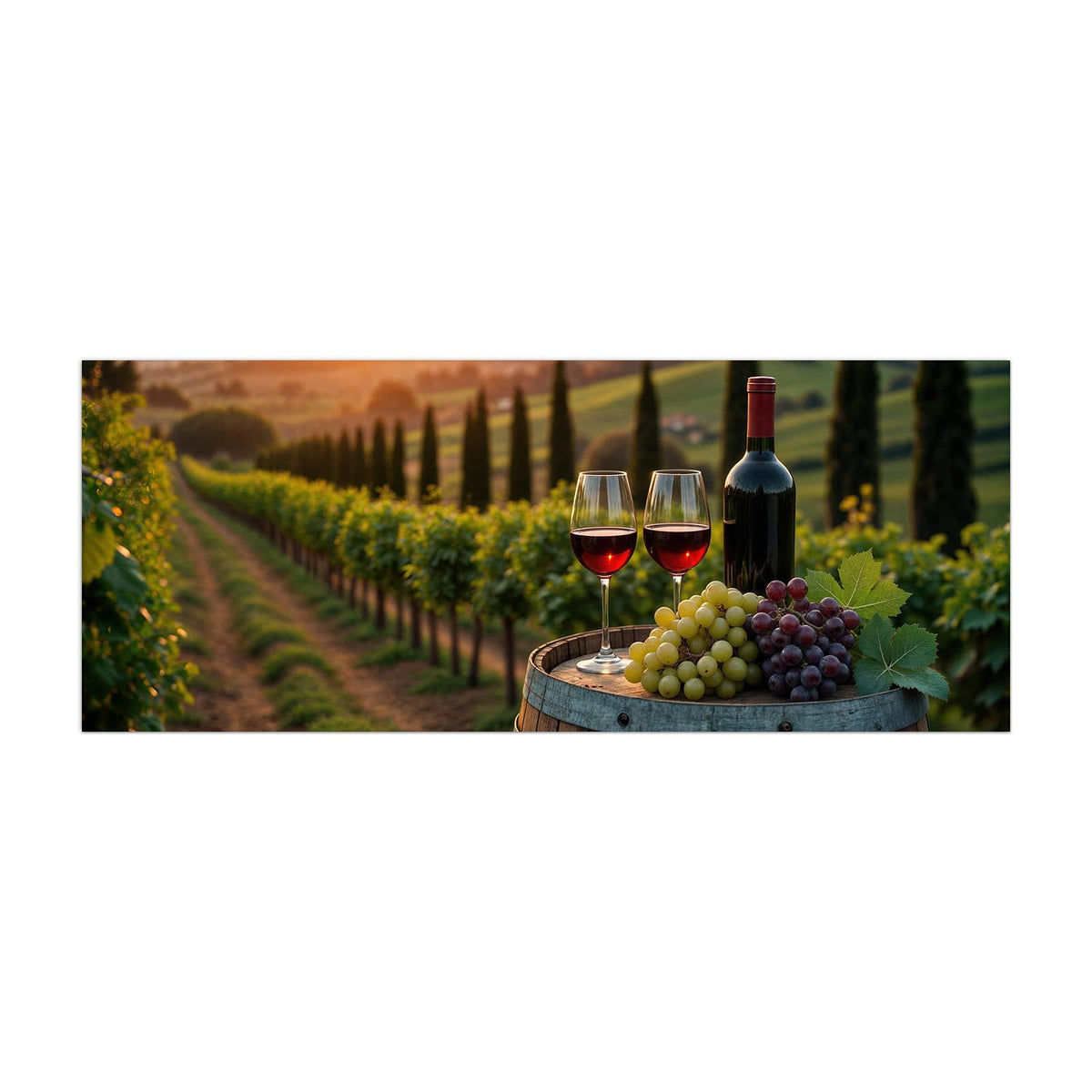 Küchenrückwand aus Glas Rotwein im Weinberg im Hochformat, Motiv bildfüllend von vorn