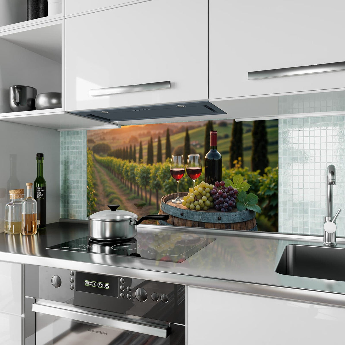 Küchenrückwand aus Glas Rotwein im Weinberg im Hochformat als Spritzschutz hinter dem Kochfeld, über dem Fliesenspiegel montiert