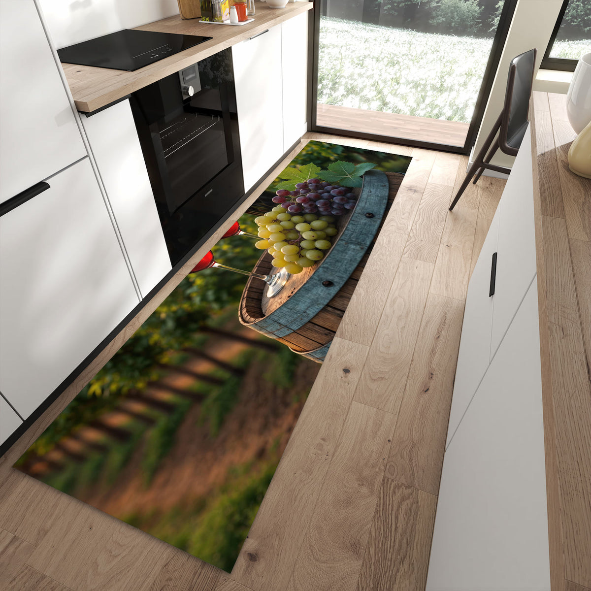 Abriebfester moderner Küchenläufer mit Motiv Weinlandschaft in moderner Küche